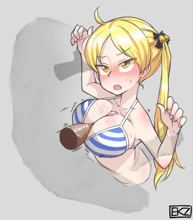 1girls bakuon!! big_breasts bikini blonde_hair blush breasts ekz faceless_male female hair_ornament hair_ribbon orange_eyes paizuri pinned_to_wall standing striped_bikini suzunoki_rin sweat sweatdrop titfuck titjob