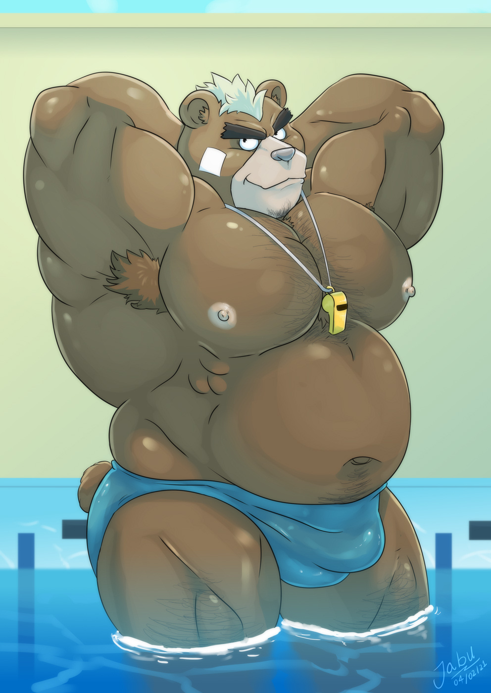 1boy anthro ashigara bear blue_clothing blue_speedo blue_swimwear bulge clothed clothing detailed_bulge hands_behind_head hi_res jabuhusky male male_only mammal musclegut pool seductive solo speedo swimwear topless underwear underwear_only whistle_(object)