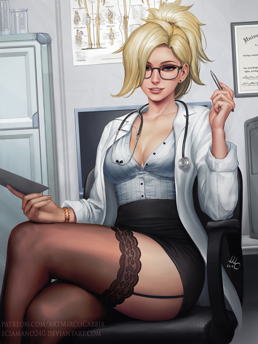 blonde hair, blue eyes, female, fully clothed, glasses, looking at viewer, mercy, overwatch, sciamano240, seductive look