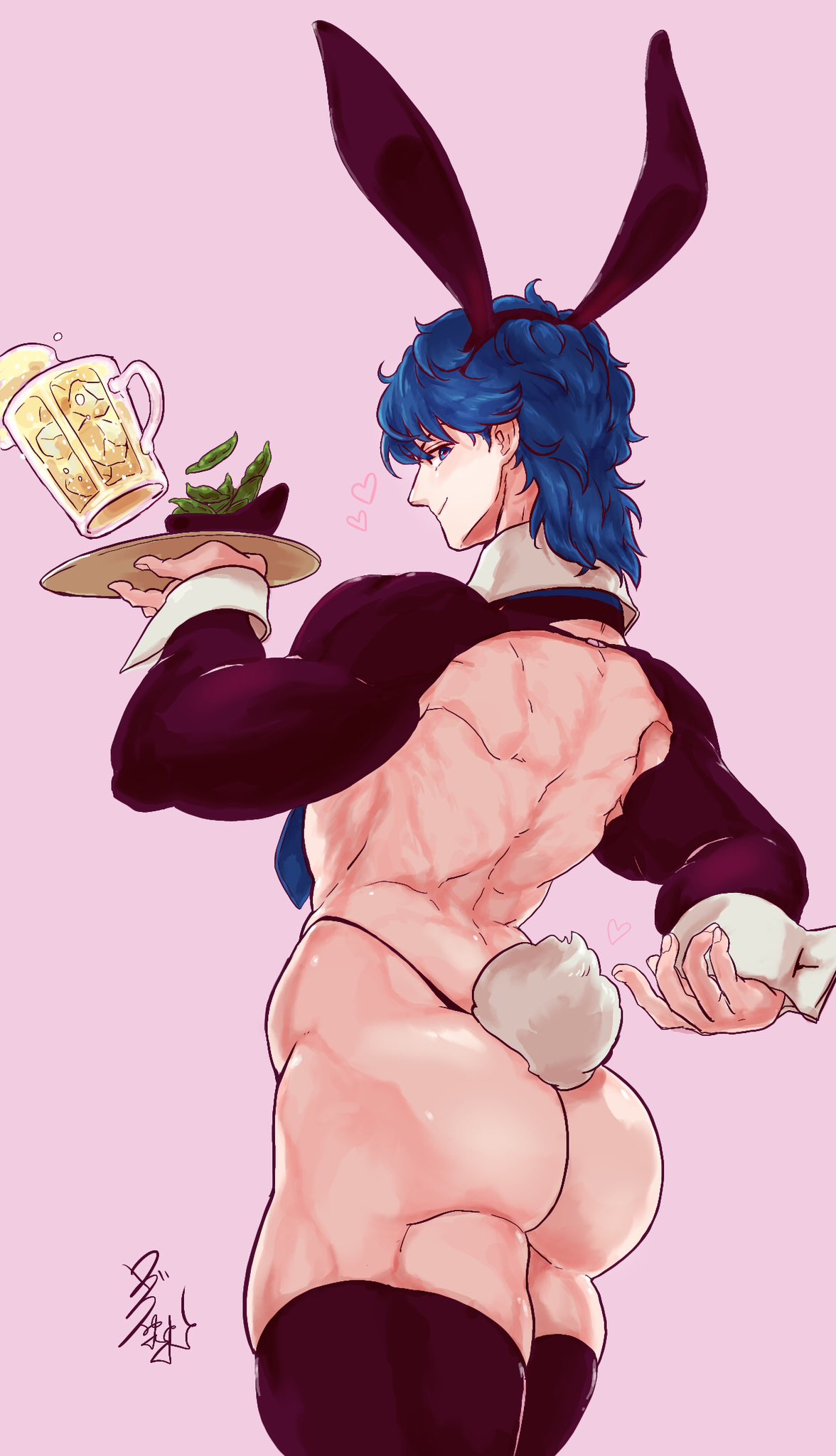 1boy ass back back_view backless_outfit bare_back bare_thighs black_panties blue_eyes blue_hair bunny_boy bunny_ears bunny_tail bunnysuit drink fire_emblem fire_emblem:_genealogy_of_the_holy_war food large_ass looking_at_viewer looking_back male male_only muscular muscular_male nintendo panties pink_background plate revealing_clothes reverse_bunnysuit reverse_outfit short_hair sigurd_(fire_emblem) solo ta_dasu_(tadasu_hayashi) thick_thighs thighhighs thighs thong tie underwear waiter