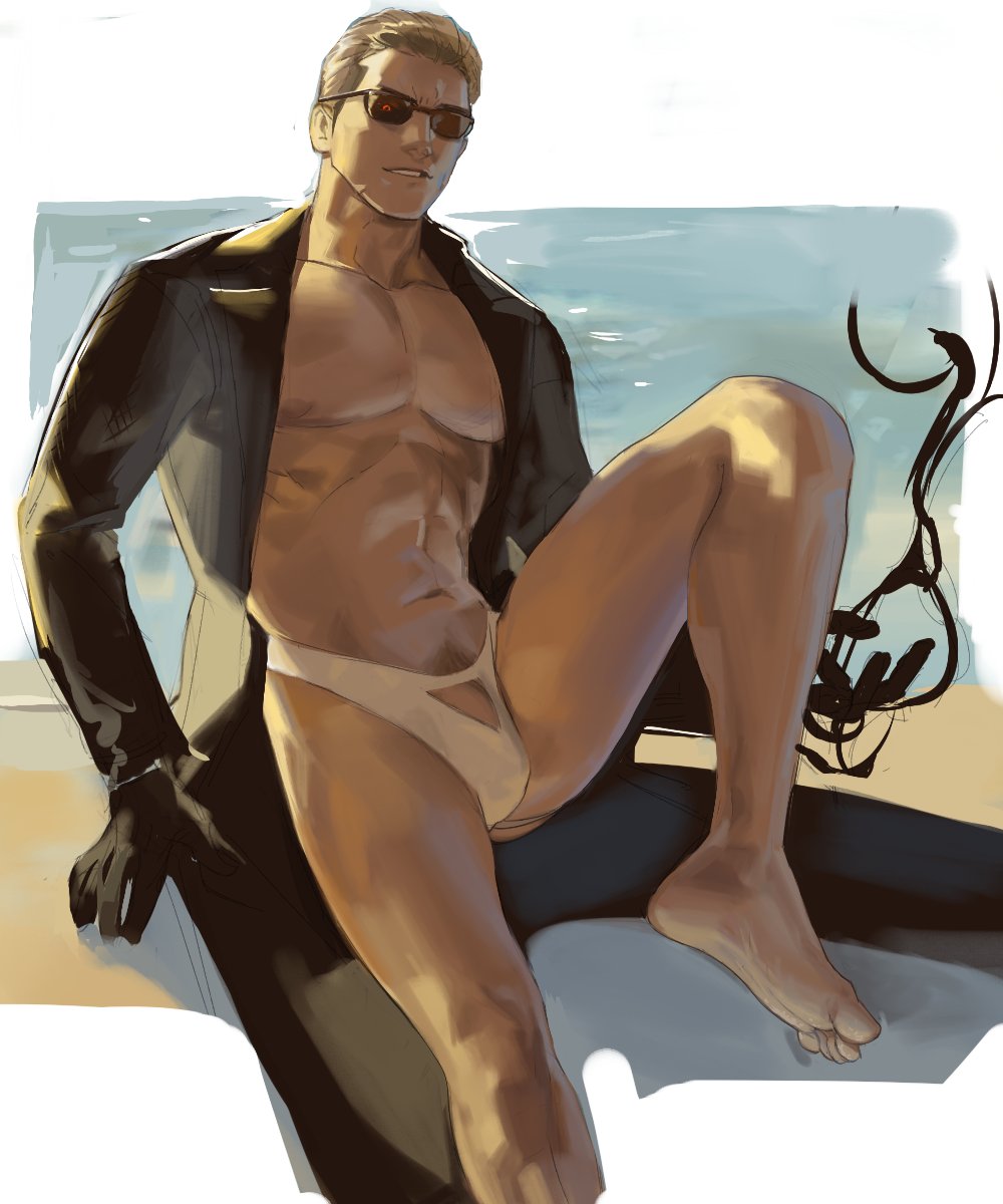 1boy abs albert_wesker bara bare_pectorals beach blonde_hair briefs bulge coat code2_ip day dead_by_daylight feet_out_of_frame gloves highres knee_up large_pectorals looking_at_viewer male_focus male_only male_pubic_hair male_underwear mature_male muscular muscular_male navel nipples open_clothes open_coat pectorals penis penis_peek pubic_hair resident_evil sand seductive_smile short_hair sideburns sitting smile solo solo_male stomach sunglasses thick_eyebrows thighs umbrakinesis underwear underwear_cutout uroboros white_male_underwear