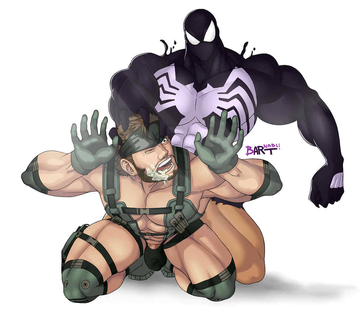 anal anal_sex balls bara bulge dark_body flaccid gay hand_on_head lupin_barnabi male male_only marvel marvel_comics metal_gear_solid muscles muscular muscular_male nude penis sex solid_snake venom venom_(marvel)