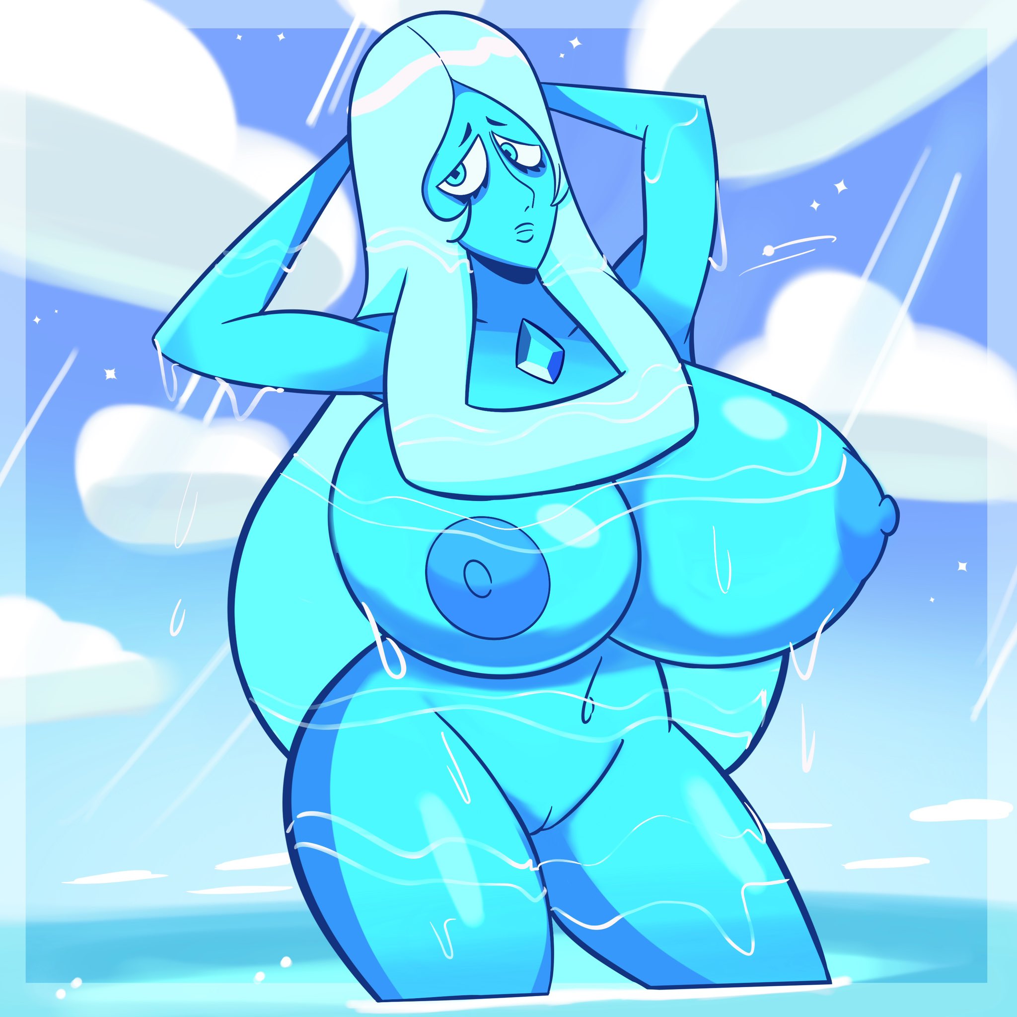 1girls, alternate version available, atomickingboo, big breasts, blue body, blue diamond (steven universe), blue eyes, blue hair, blue theme, breasts, cartoon network, completely nude, enormous breasts, female, female only, huge breasts, long hair, massive breasts, naked, naked female, nude, nude female, solo, solo female, steven universe, voluptuous, warner bros, warner brothers