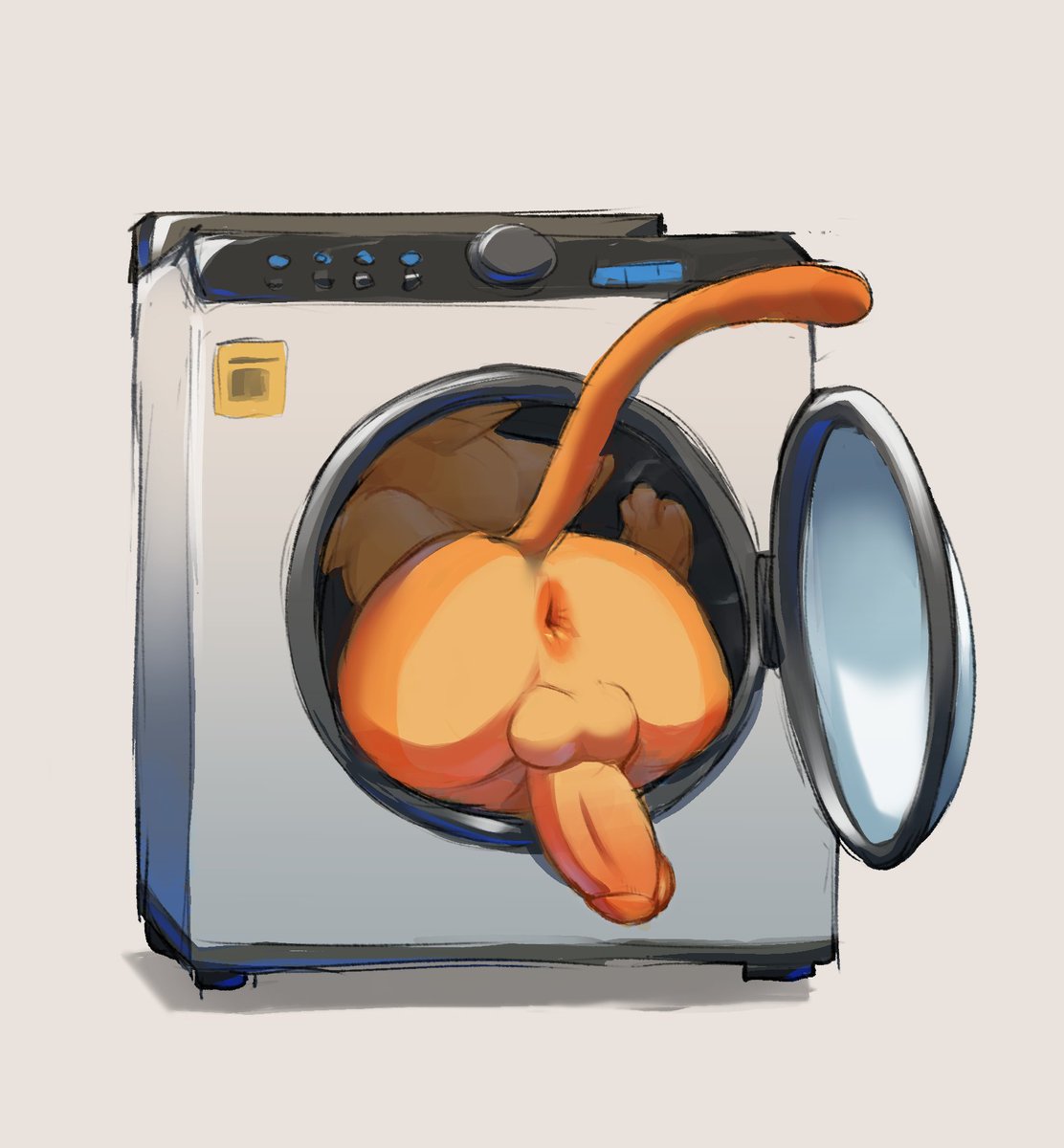 2023 anthro anus appliance ass balls digital_media_(artwork) domestic_cat erection felid feline felis fur genitals hi_res male mammal orange_body orange_fur penis penis_backwards rear_view simple_background solo washing_machine wimbocs