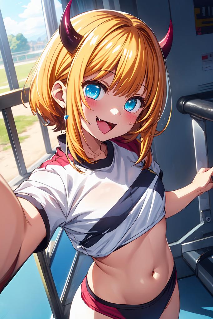 1girls ai_generated belly belly_button buruma female horn looking_at_viewer memcho midriff oshi_no_ko selfie shirt shirt_lift stable_diffusion
