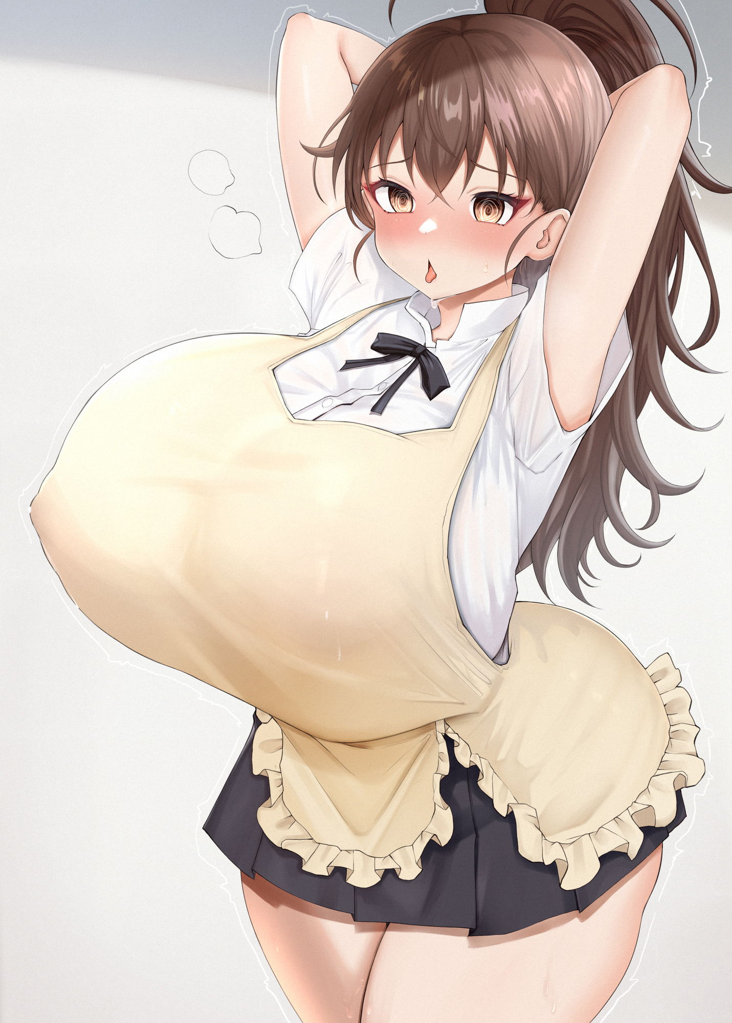 1girls, alternate breast size, apron, arms behind head, arms up, aroused, ass, breasts, chomikuplus, female, female only, fully clothed, gigantic ass, gigantic breasts, gigantic hips, gigantic thighs, heavy breathing, horny, hyper ass, hyper breasts, lactation, lactation through clothes, school uniform, solo, taneshima popura, thick thighs, tongue, tongue out, trembling, wide hips, working!!