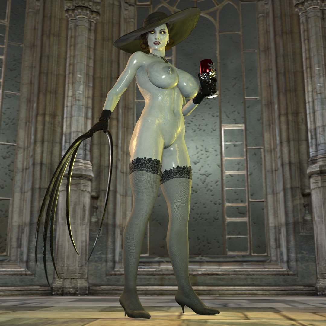 3d alcina_dimitrescu alternate_version_available areola belly_button black_hair capcom clawed_fingers earrings gloves hat heel_boots large_breasts larger_female lipstick looking_at_viewer lust_core necklace nipples pale-skinned_female pussy resident_evil resident_evil_8:_village shaved_pussy source_filmmaker stockings vampire vorongamer wet_body wine_glass yellow_eyes