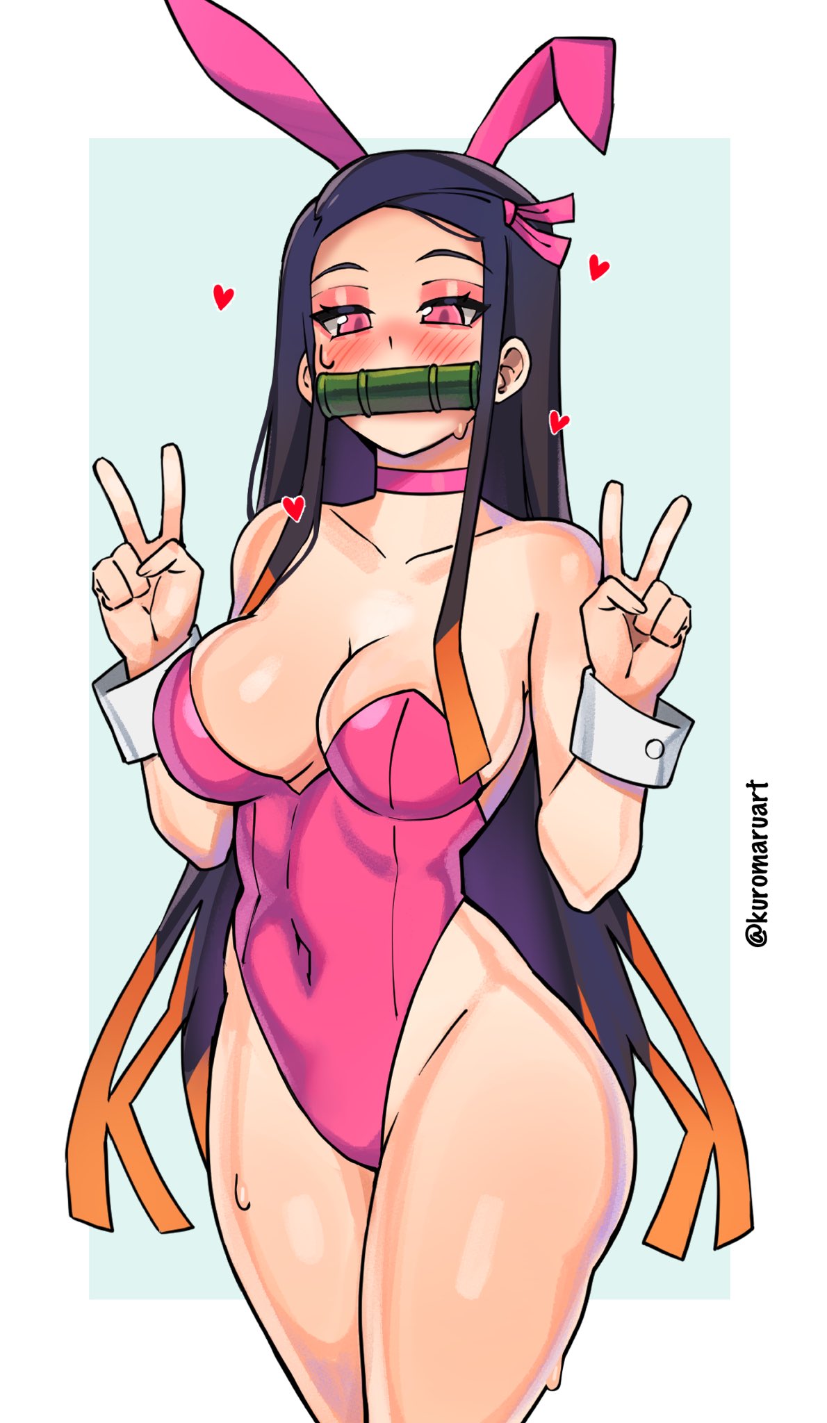 1girls aged_up alternate_breast_size big_ass big_breasts black_hair breasts bunny_costume bunny_ears bunnysuit clothed clothing demon_slayer female female_only heart hearts kamado_nezuko kimetsu_no_yaiba kuromaruart light-skinned_female light_skin orange_hair pink_eyes solo tagme wide_hips