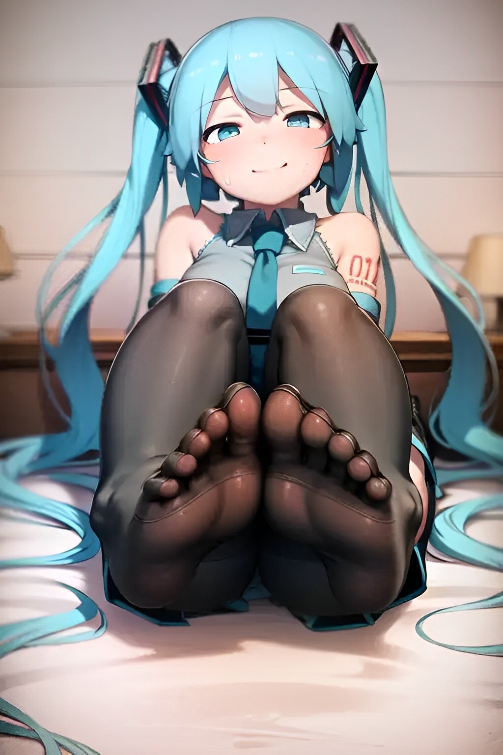 5_toes ai_generated aqua_eyes aqua_hair bed bedroom black_legwear blush breasts cameltoe feet female female_focus female_only foopanthia foot_fetish foot_focus hatsune_miku legwear presenting presenting_feet smile smiling smirk sole_female soles stockings teasing thick_thighs thighhighs thighs toes twintails vocaloid