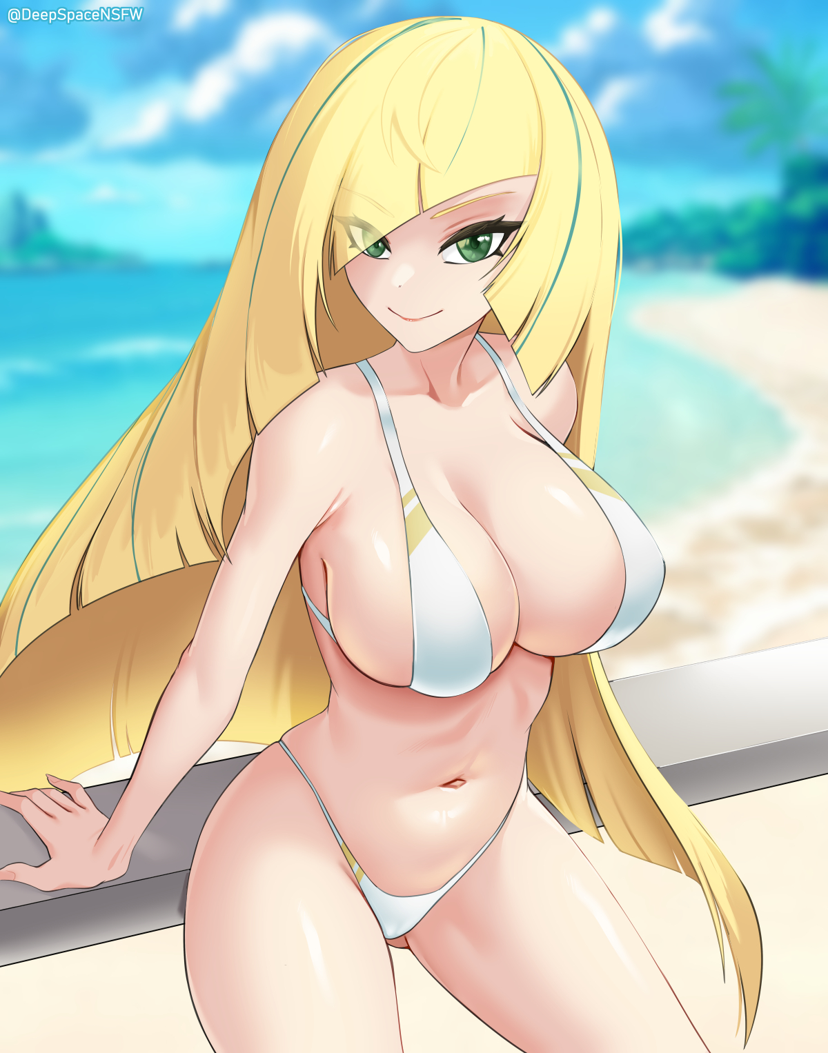 1girls, beach, big breasts, bikini, blonde hair, blurry background, breasts, deepspace, eyebrows visible through hair, female, huge breasts, looking at viewer, lusamine (pokemon), nintendo, pinup, pokemon, pokemon sm, swimsuit, water, white bikini