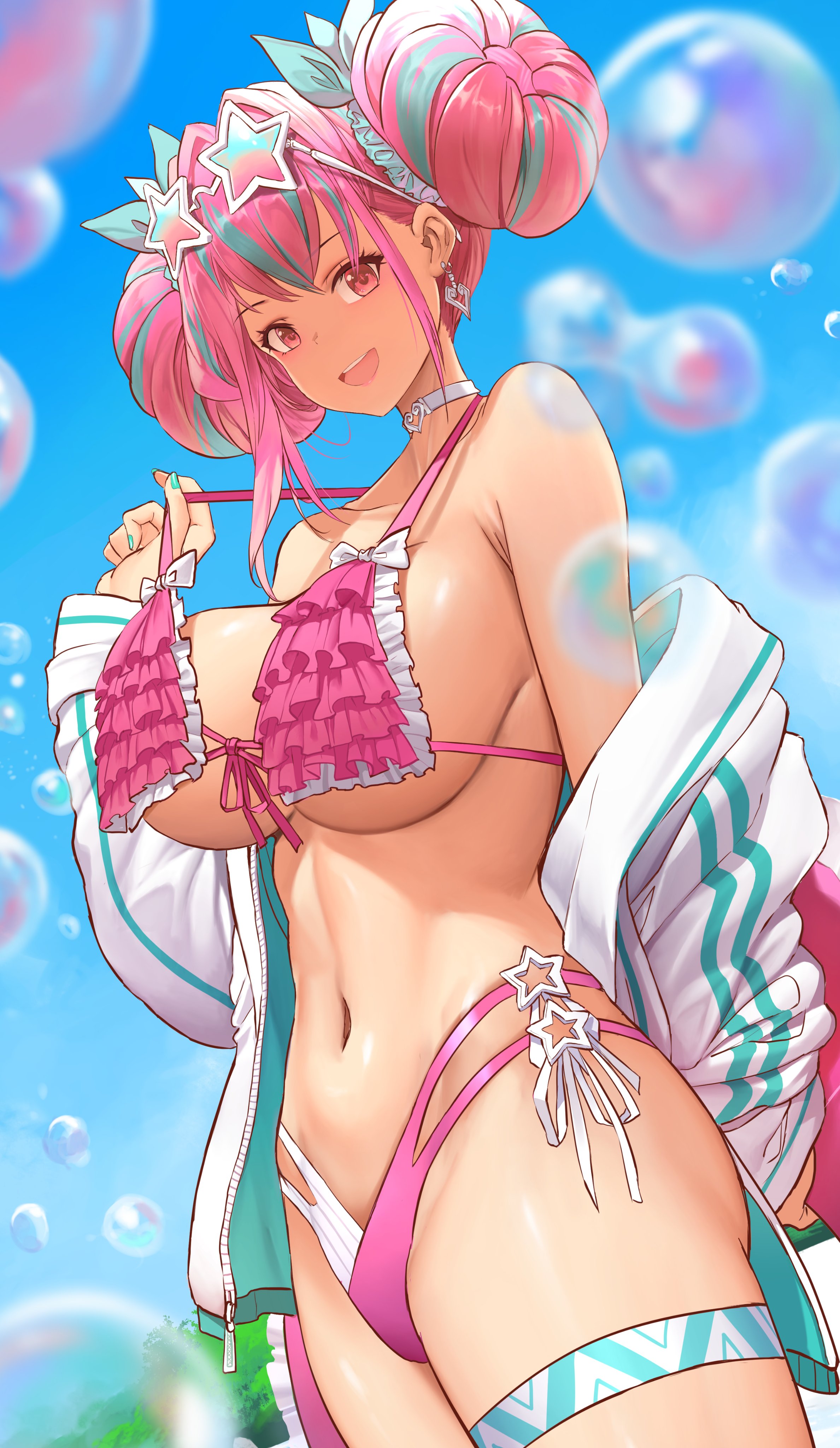 1girls, azur lane, bikini, breasts, bremerton (azur lane), dishwasher1910, female, huge breasts, light skin, light-skinned female, long hair, outdoors, pink eyes, pink hair, smile, thick thighs, twin buns, twintails