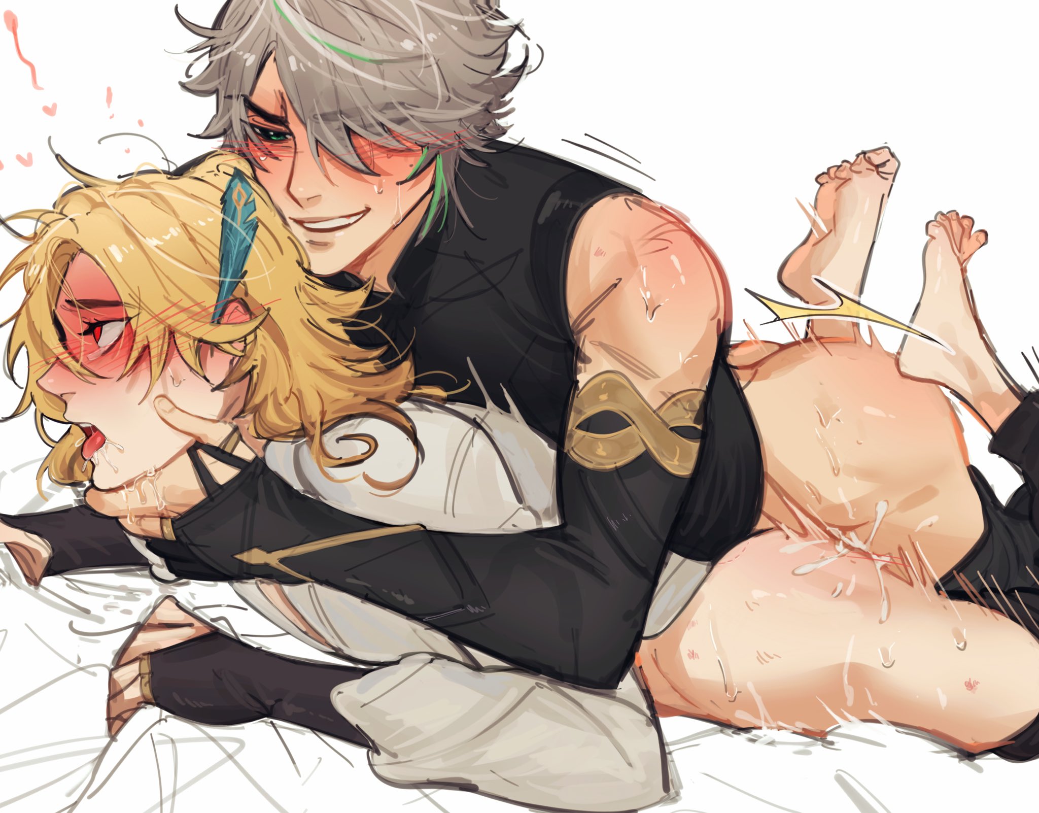 alhaitham (genshin impact), anal sex, ass, blonde hair, blush, cum in ass, evilwiistef, genshin impact, hands on neck, kaveh (genshin impact), male, male only, moaning, silver hair, smirking, wiistef, yaoi