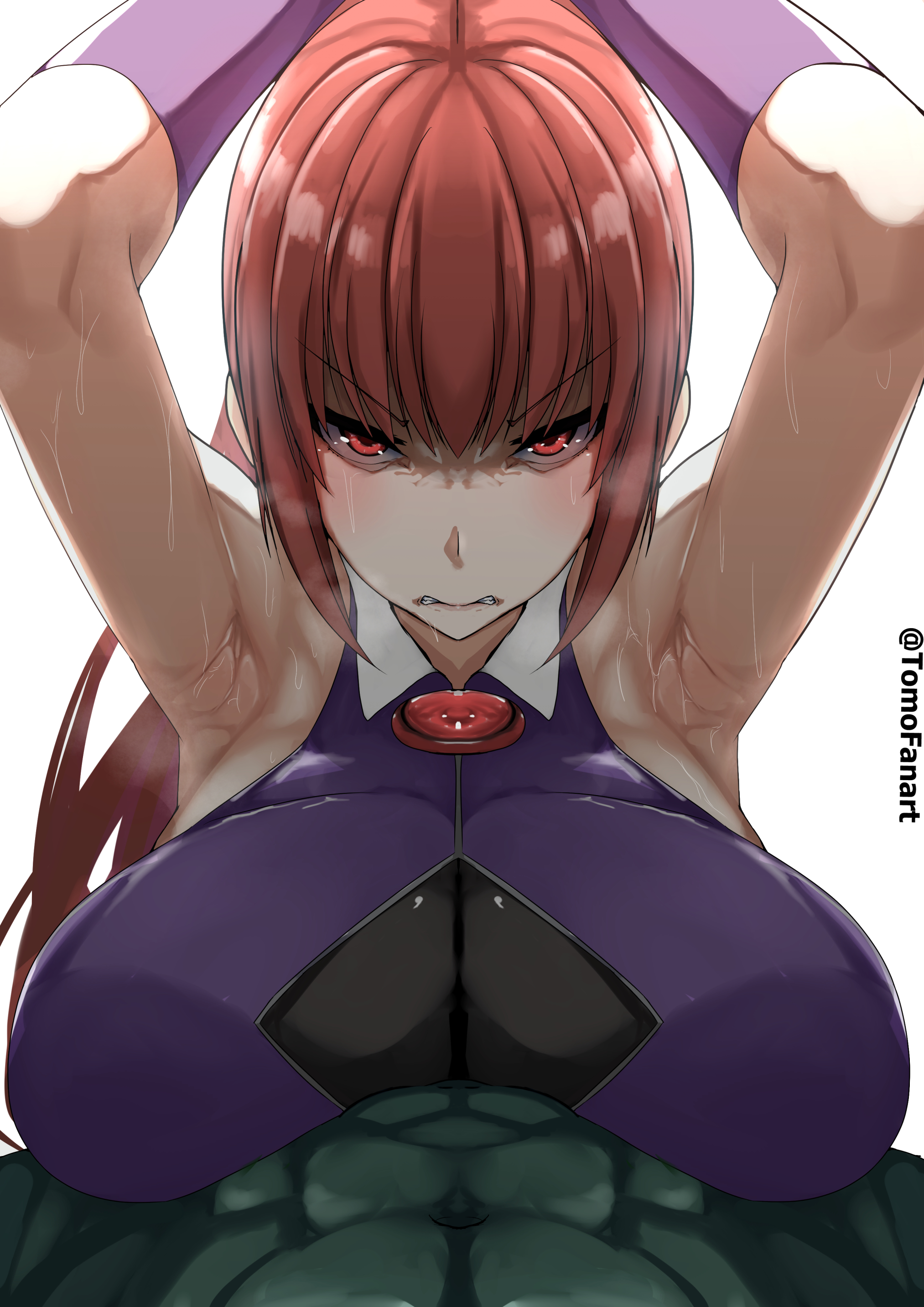 1boy, 1girls, angry, annoyed, armpit fetish, armpits, blush, bodysuit, breast press, breasts, character request, cleavage, clenched teeth, closed mouth, female, gem, green skin, green-skinned male, hands above head, large breasts, long hair, looking at viewer, male, male pov, monster, necklace, orc, pendant, pov, rape, red eyes, red hair, sweat, tied hands, tomodachi (tomofanart)