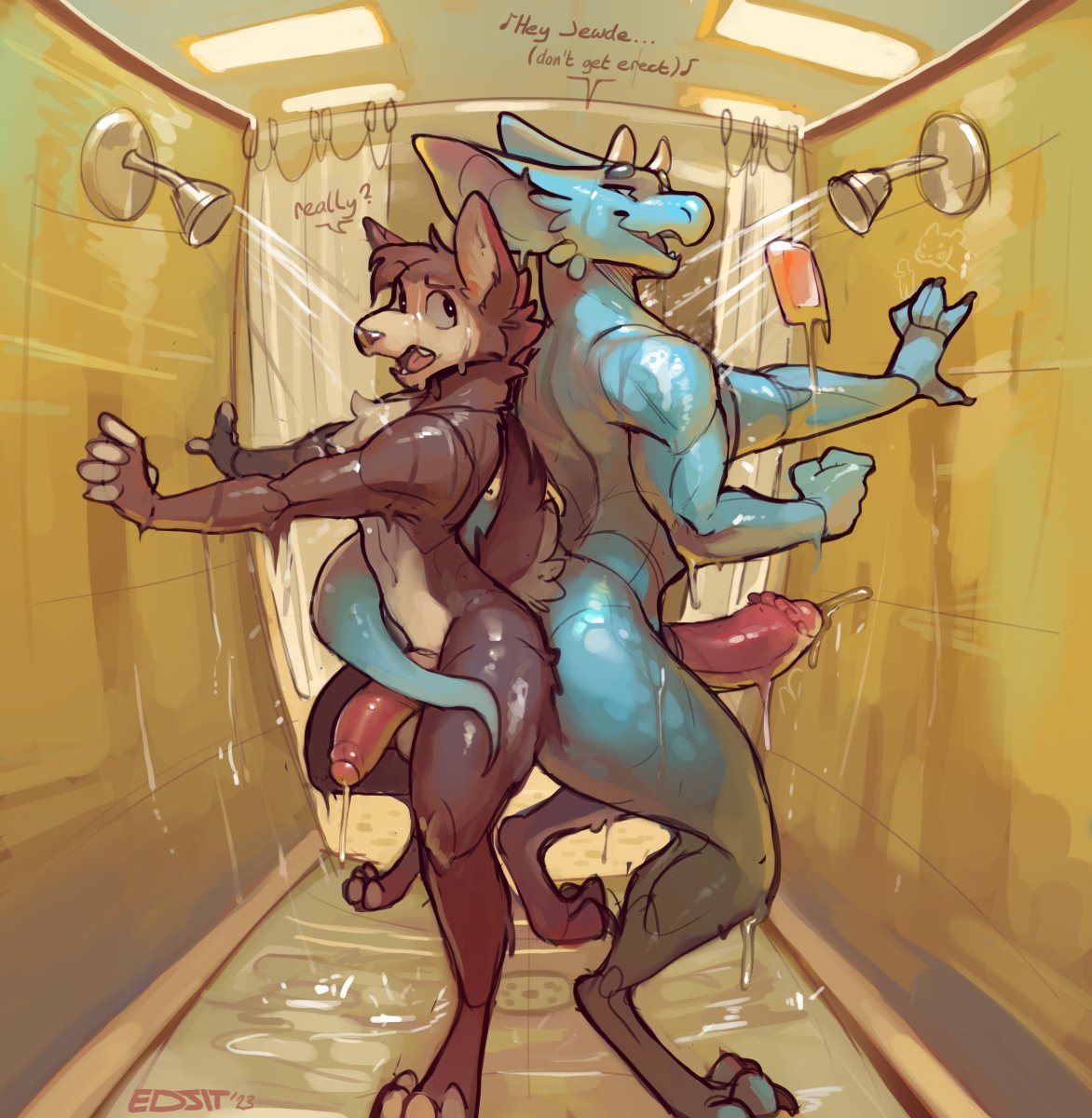 2023 anthro bathing canid canine dialogue digitigrade dragon duo edjit english_text erection genitals hi_res horn male mammal nude penis shower showering singing standing text