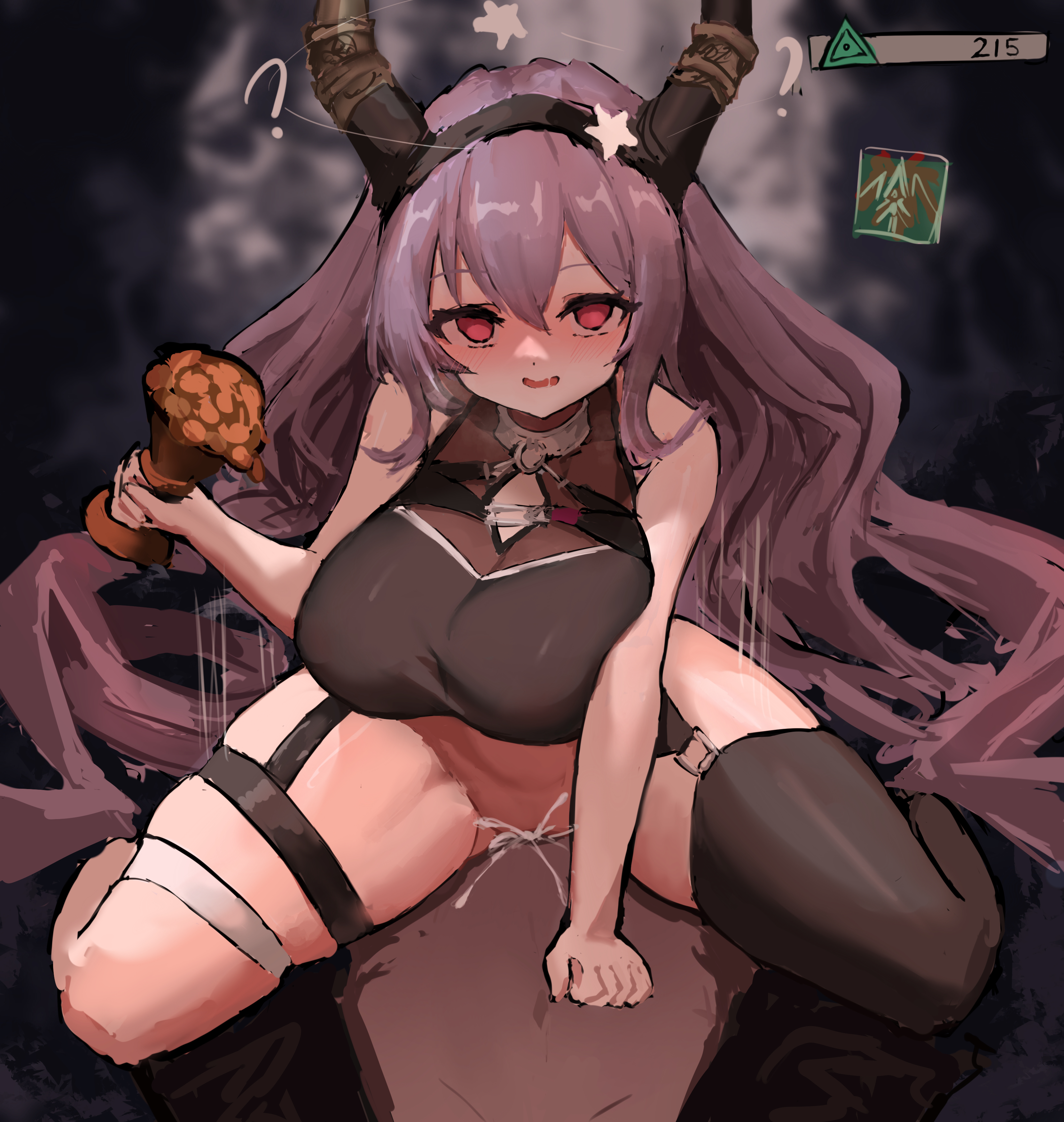 ?, 1boy, 1girls, absurd res, arknights, arm support, asymmetrical legwear, bare shoulders, big breasts, big thighs, blush, breasts, busty, clothed female nude male, confused, cowgirl position, cum in pussy, curvaceous, curvy, dark skin, dark-skinned male, dazed, demon, demon girl, demon horns, female, female on top, flowerland, gameplay mechanics, hair between eyes, hand on chest, highres, holding object, horns, horny, huge breasts, huge thighs, interracial, large breasts, large thighs, legs, legwear, light skin, light-skinned female, long hair, looking pleasured, male, male pov, massive breasts, massive thighs, motion lines, movement lines, naughty face, naughty smile, orgasm, orgasm face, penetration, penis, pleasure face, pov, purple hair, pussy, riding, riding penis, seductive, seductive gaze, seductive look, seductive pose, seductive smile, sex, shiny breasts, shiny clothes, shiny legs, shiny skin, straight, tagme, thick, thick legs, thick thighs, thighs, tight clothing, tight fit, typhon (arknights), user interface, vaginal penetration, very long hair, voluptuous, wide hips, wide thighs