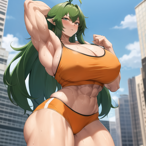 1girls abs ai_generated armpits bare_arms bare_legs bare_midriff bare_shoulders biceps big_muscles blush cleavage erect_nipples erect_nipples_under_clothes gigantic_breasts green_hair huge_breasts large_breasts long_hair looking_at_viewer massive_breasts muscle muscles muscular muscular_arms muscular_female muscular_legs muscular_thighs nemus_waifu_generator one_arm_up orange_shorts orange_tank_top short_shorts shorts spandex_shorts stable_diffusion sweat tank_top thick_thighs voluptuous wide_hips