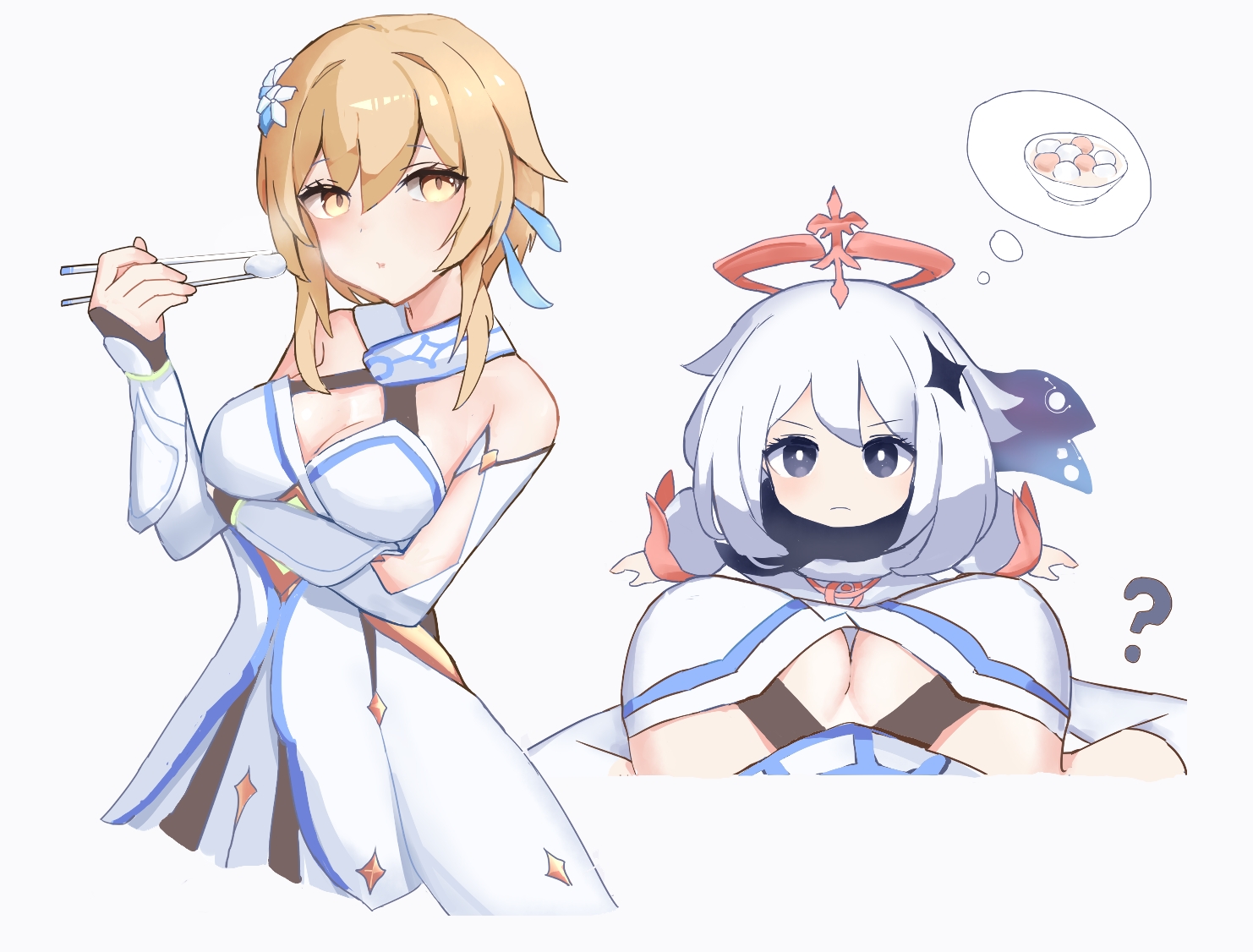 ?, 2girls, bare shoulders, black eyes, blonde hair, breasts, cleavage, commentary request, detached sleeves, dress, female, female only, female pov, genshin impact, grey background, long sleeves, looking at viewer, lumine (genshin impact), medium breasts, medium hair, multiple females, multiple girls, paimon (genshin impact), pov, simple background, thought bubble, white dress, white hair, wsad4073 (40739983), yellow eyes