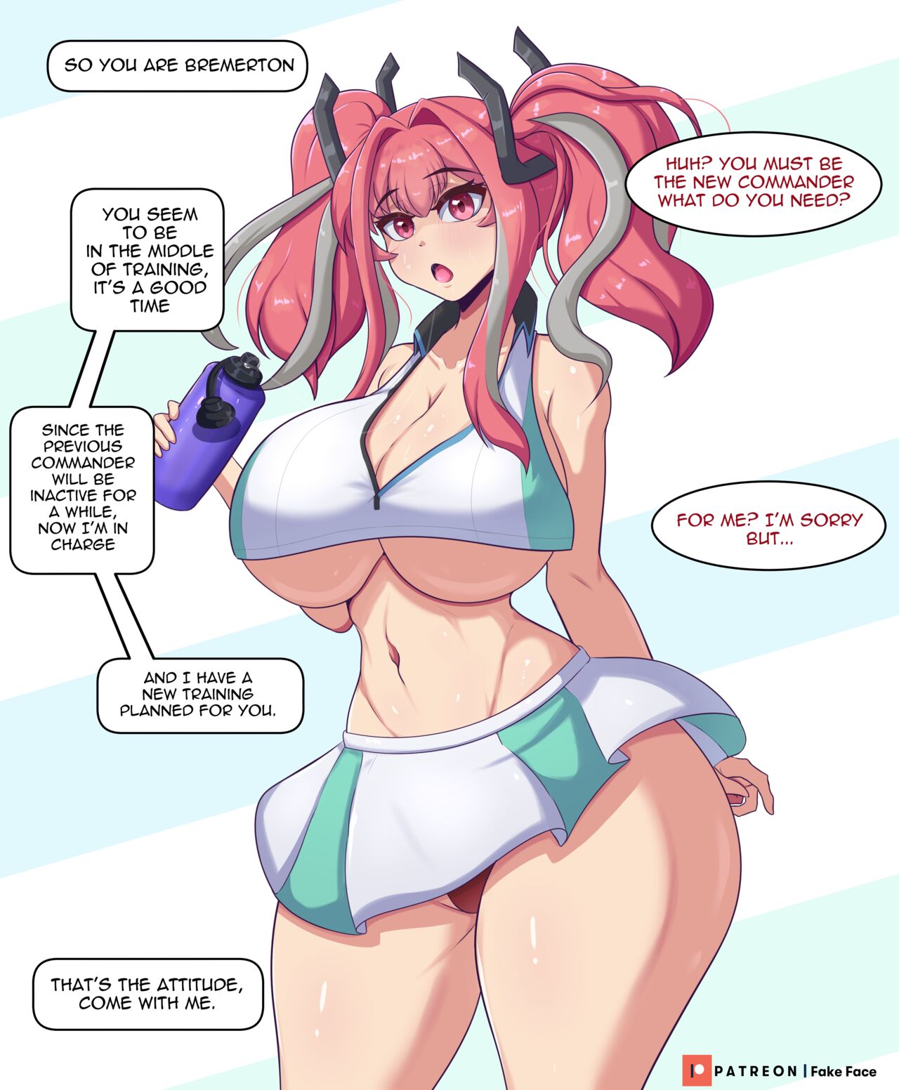 azur lane, big breasts, breasts, bremerton (azur lane), emotionless, emotionless female, english text, fake face, female, indifferent, open mouth, panties, pink hair, pleated skirt, skirt, sole female, solo, solo female, text, thick thighs, tomboyish, twintails, unbothered, white background, wholesome