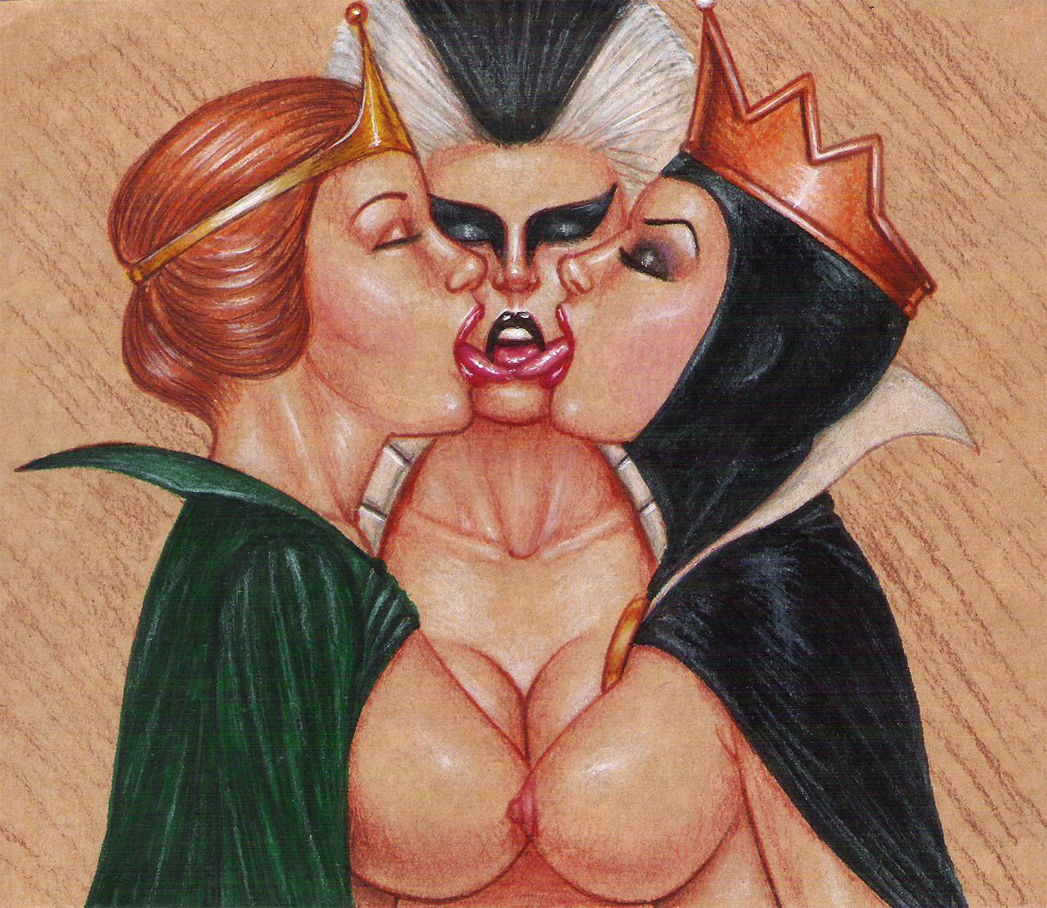 3girls breasts closed_eyes crossover disney disney_villains edithemad eyeshadow lipstick makeup masters_of_the_universe medium_breasts mortal_kombat multicolored_hair multiple_girls queen_marlena red_hair sindel snow_white_and_the_seven_dwarfs the_evil_queen tongue tongue_out traditional_media trait_connection yuri