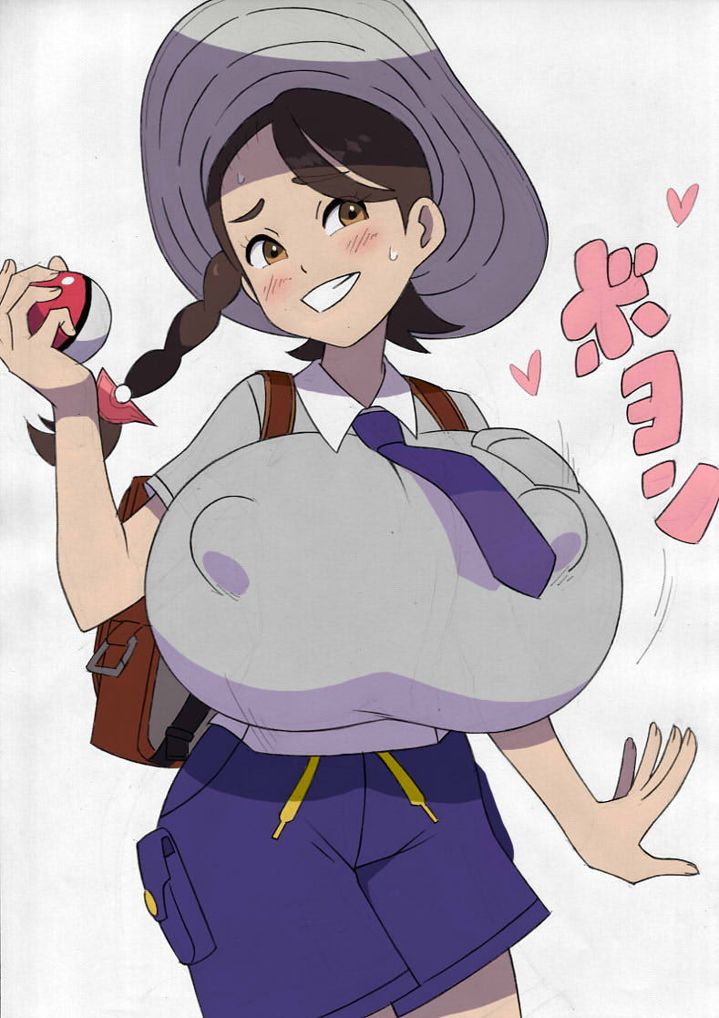 1girls alternate_breast_size arm_up backpack bangs blush breasts brown_eyes brown_hair female hat huge_breasts japanese_text juliana_(pokemon) large_breasts light-skinned_female light_skin long_hair looking_away motion_lines nintendo nipple_bulge pokeball pokemon pokemon_sv ponytail ringosu33 school_uniform shorts smile solo standing sweat tight_clothing top_heavy white_background