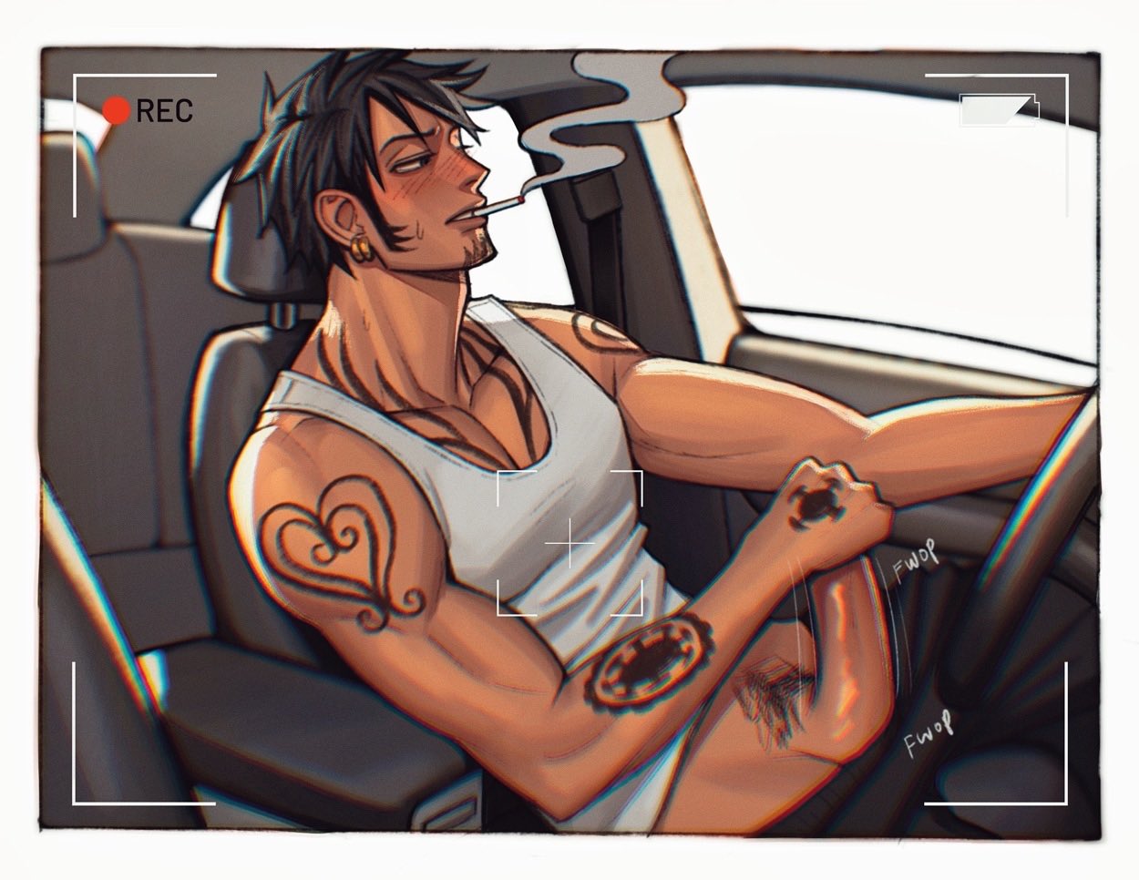 1boy black_hair car car_interior drive male male_only masturbation one_piece penis smoke smoking solo tattoo trafalgar_law yoleviii