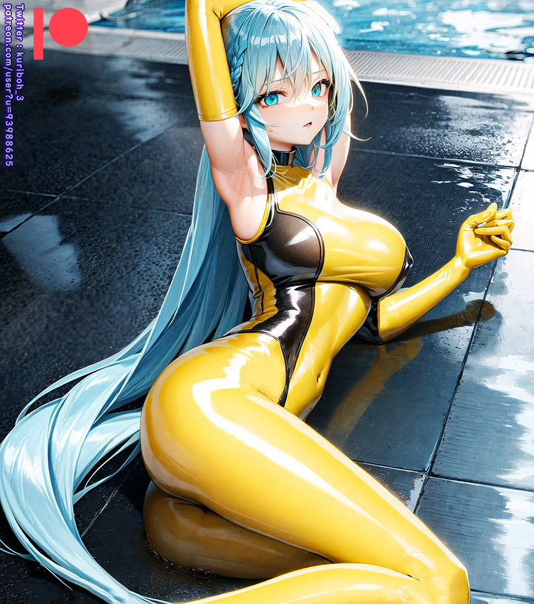 ai_generated bodysuit breasts female kuriboh_ex_(artist) latex latex_suit oppai rubber rubber_suit turquoise_eyes turquoise_hair