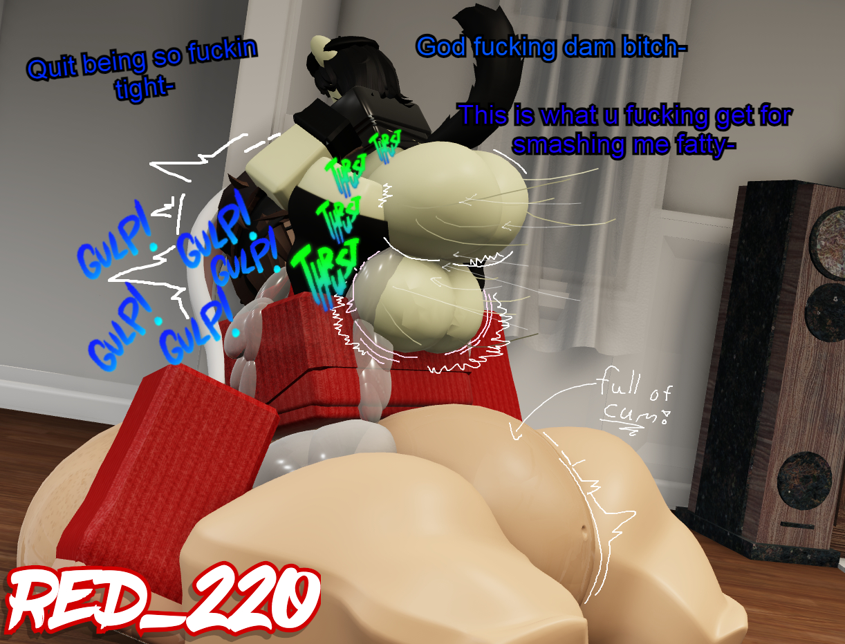 1boy, 1girls, 3d, artist name, baws (bawsnsfw), black hair, brown hair, cum, cumflation, female, male, original character, red (red 220), red 220, roblox, robloxian, smaller male, source request, tagme, throat fuck