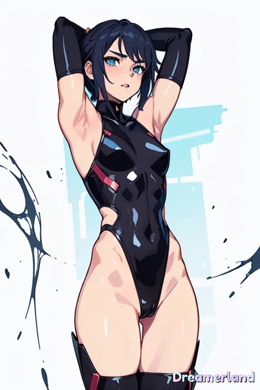 1girls, ai generated, armpits, arms up, belly button, black hair, blue eyes, breasts, bunny girl, bunnysuit, clothed, clothing, female, female focus, female only, fully clothed, hands behind head, hands up, latex, latex armwear, latex clothing, latex legwear, latex suit, legwear, looking at viewer, low res, lowres, perky breasts, perky nipples, pussy, pussy visible through clothes, shiny, shiny clothes, shiny hair, shiny skin, short hair, shoulder length hair, simple background, small breasts, small waist, stable diffusion, thick thighs, thigh highs, thighhighs, thighs, thin waist, tight clothing, tight fit, tights, wide hips