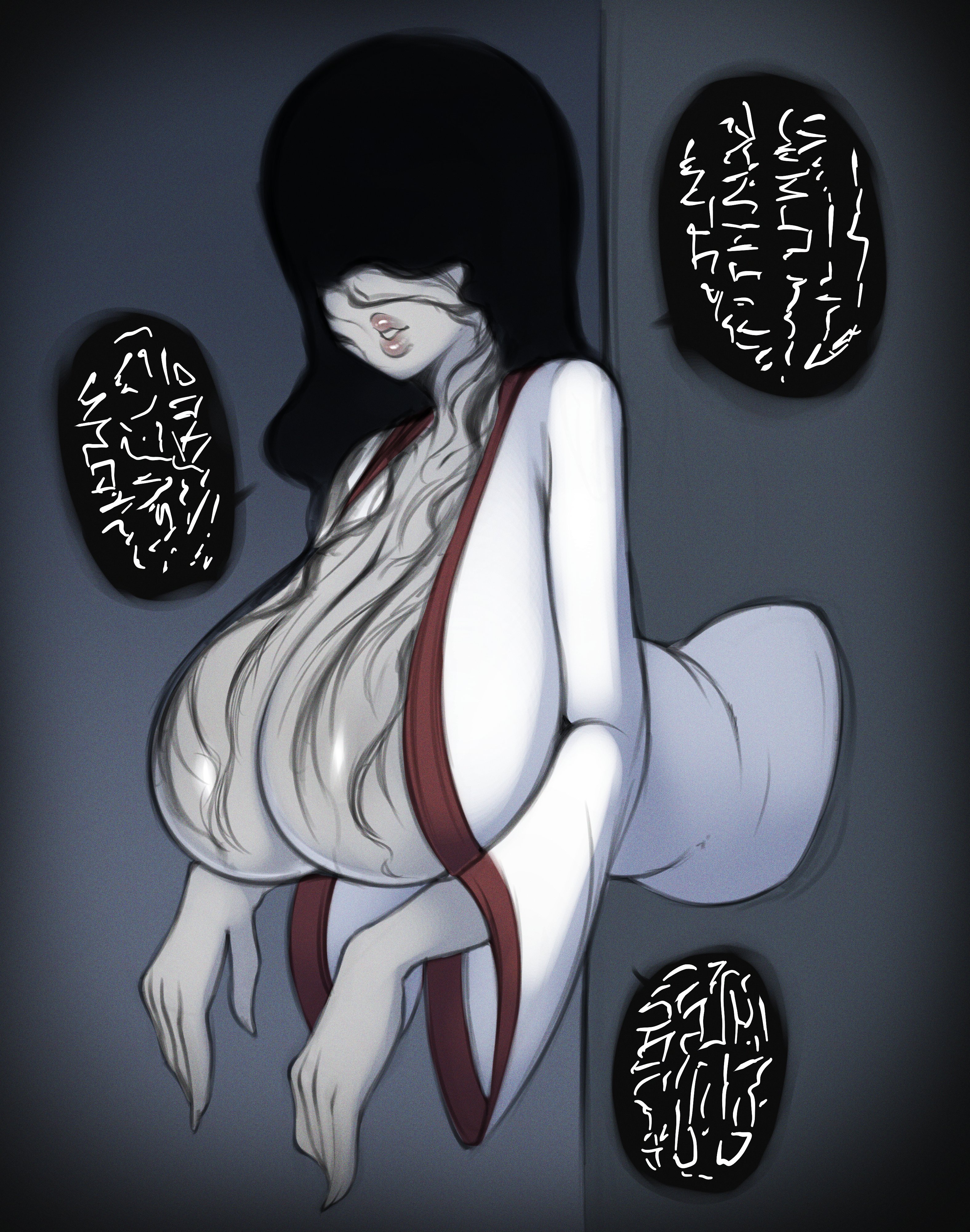 1girls, black hair, breasts, fatal frame, female, ghost girl, grey skin, hair over eyes, hi res, huge breasts, light skin, light-skinned female, long hair, pale skin, pale-skinned female, saltyxodium, speech bubble, stuck in wall