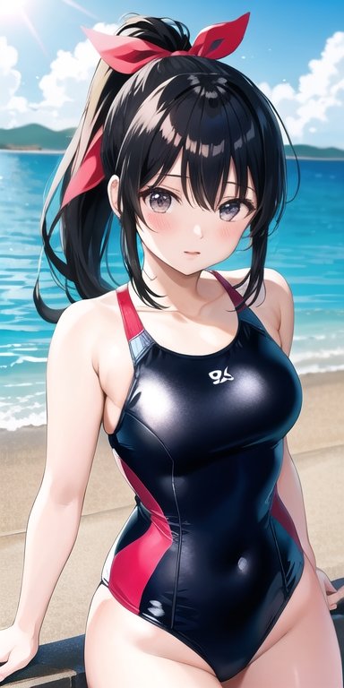 1girls ai_generated beach bent_over blue_hair breasts covered_navel female female_only grey_eyes hair_ribbon legs long_hair looking_at_viewer medium_breasts ocean one-piece_swimsuit ponytail sakura_shinguji sakura_wars sega solo swimsuit thighs water