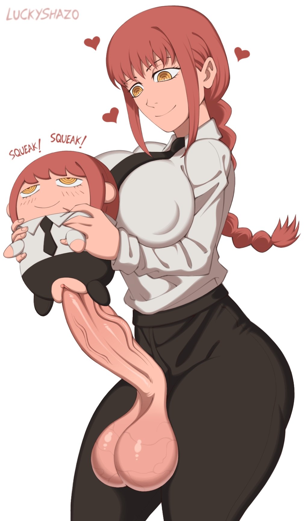 1futa, artificial vagina, balls, big breasts, big penis, blush, braid, breasts, chainsaw man, clothed, clothing, erection, futa only, futanari, huge balls, huge breasts, huge cock, human, intersex, light skin, light-skinned futa, long hair, luckyshazo, makima (chainsaw man), makima bean, masturbation, mostly clothed, penis, plushie, red hair, sex toy, solo, standing, testicles, thick thighs, uncensored, wide hips
