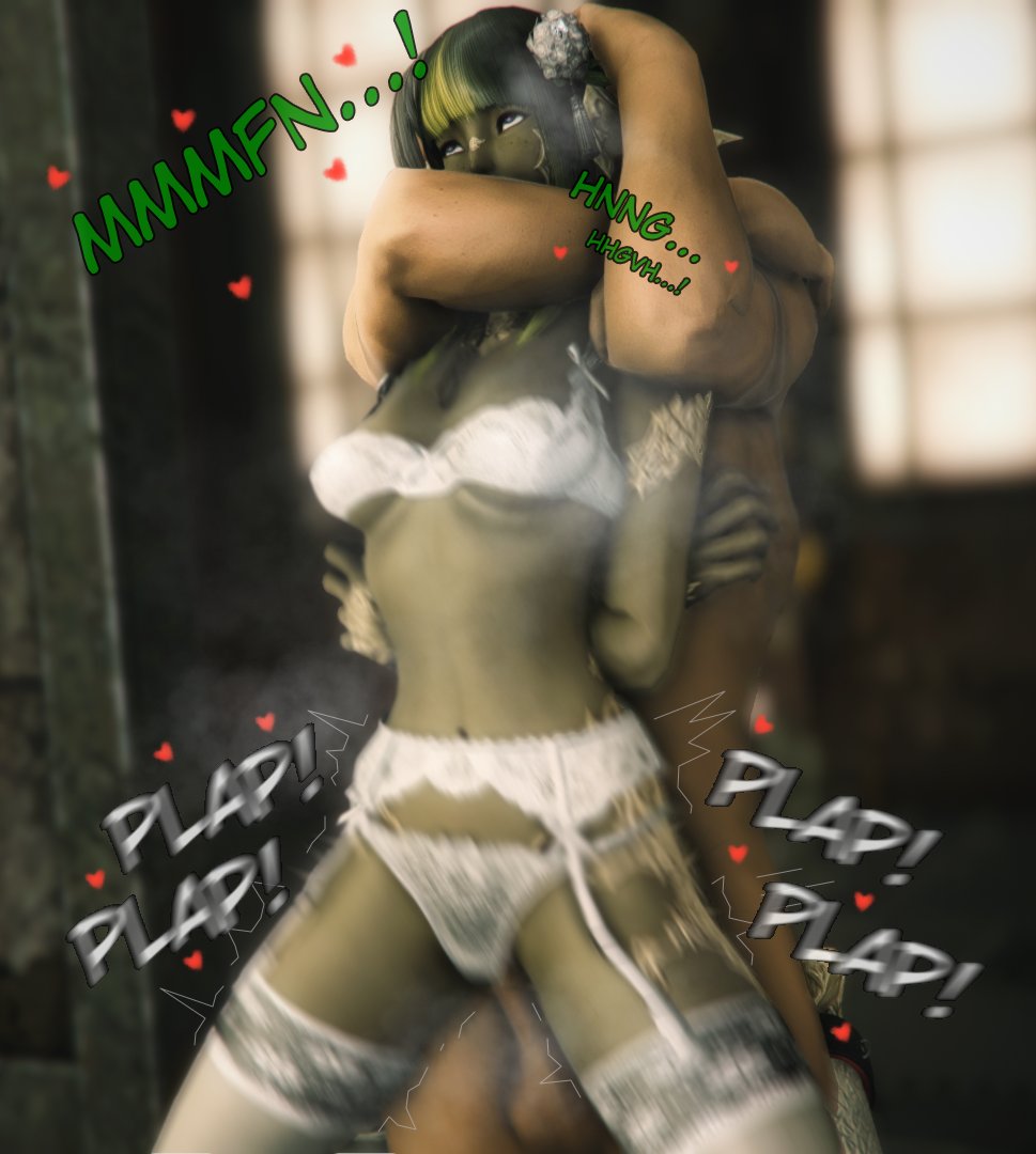 1boy 1girls ambiguous_penetration arms_behind_back au_ra blurry bound bra choke_hold clothed_female_nude_male female final_fantasy_xiv from_behind from_behind_position gpose(ffxiv) grabbing green-skinned_female green_hair green_skin greenbean_nsfw headlock heart human human_on_humanoid human_penetrating interspecies light-skinned_male lingerie lingerie_only motion_blur panties plap sex shino_senkatsu stockings used_like_a_toy white_lingerie