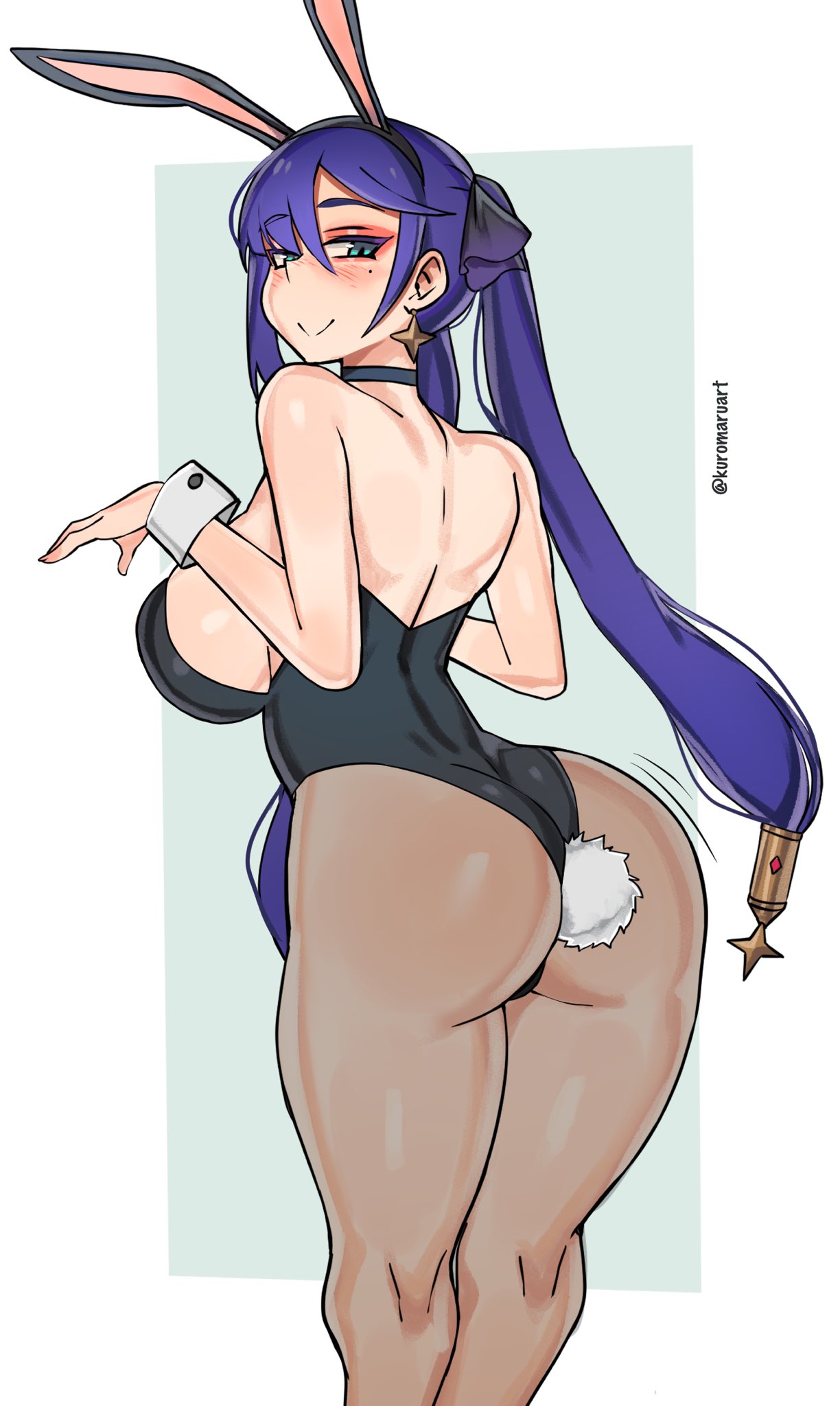 bunny ears, bunny tail, bunnysuit, female, genshin impact, kuromaruart, long hair, mona (genshin impact), pantyhose, tagme