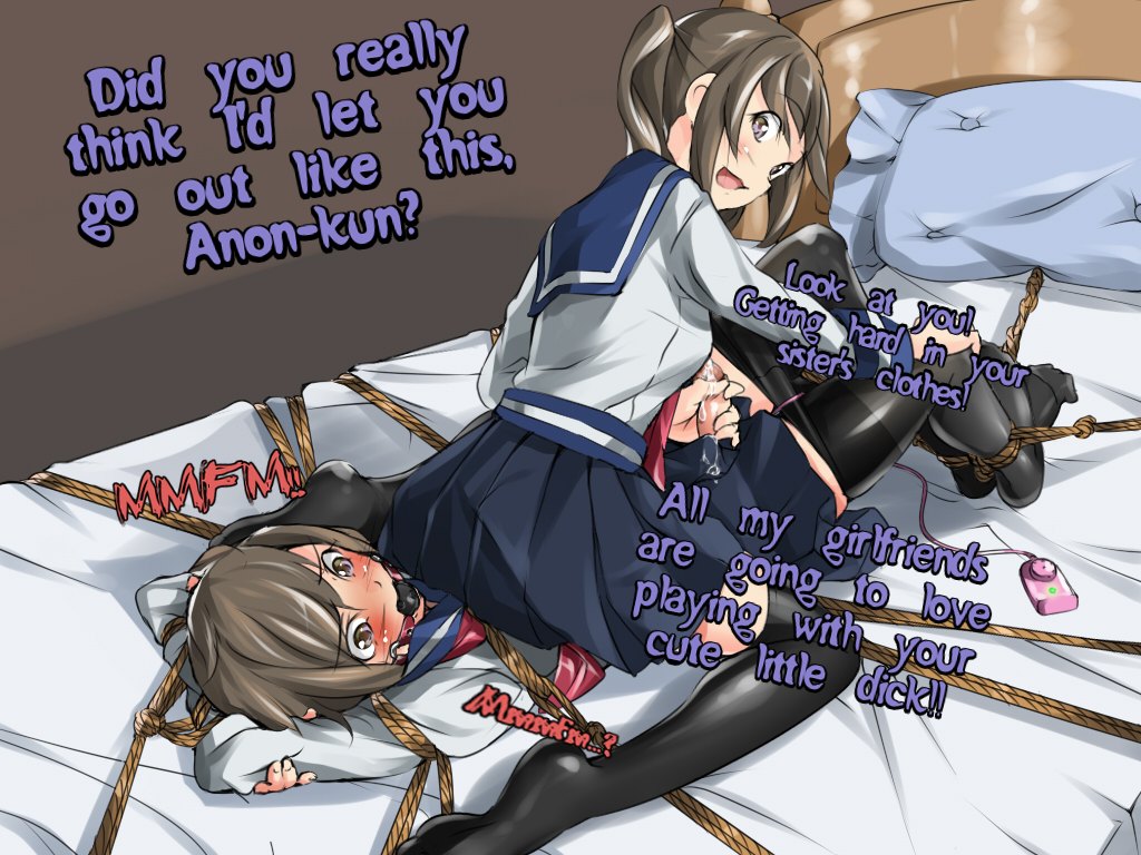 anime ball_gag bedroom blush bondage bondage_gear boner breasts brown_eyes brown_hair cowgirl_position cum dominatrix feet femboy femdom friends fumi11gou gagged leggings precum rope_bondage school_uniform slave smiling straight struggling tied_up toy vibrator vibrator_on_penis writing