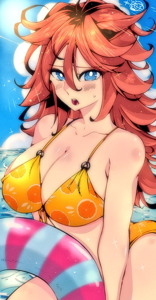 1girls android android_21 android_21_(human) arc_system_works archived_source bandai_namco beach beach_episode big_breasts bikini bikini_bottom bikini_top blue_eyes blush brown_hair dragon_ball dragon_ball_fighterz embarrassed fanart female hair_between_eyes long_hair looking_at_viewer messy_hair omochi_db orange_bikini voluptuous voluptuous_female vomi_(dragon_ball)