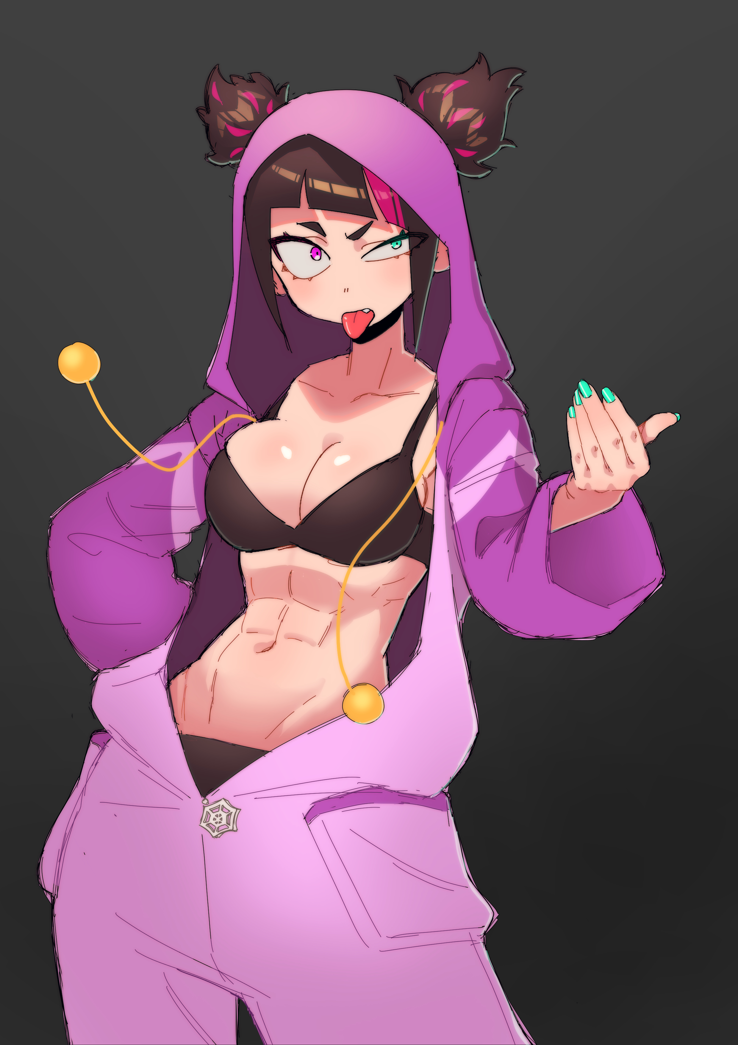 1girls, abs, black hair, breasts, capcom, dyed hair, female, female only, fit, fit female, juri han, lomong24, onesie, painted nails, pajamas, solo, street fighter, street fighter 6, tagme, tongue, tongue out, two-tone hair