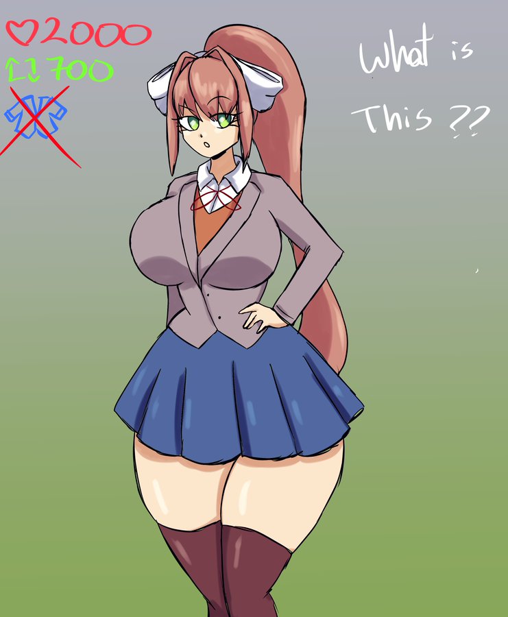 2023, coral brown hair, doki doki literature club, female, full comfort, green eyes, long hair, monika (doki doki literature club), part 1, ponytail, school uniform, skirt, strip game, thick thighs, thighhighs