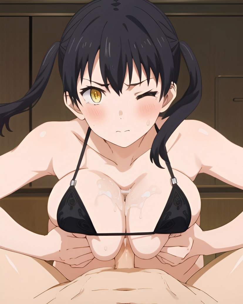 ai generated, bed, bikini, black hair, blush, boobjob, bra, breast squeeze, breasts, clothed female nude male, clothed sex, cum, cum on body, cum on breasts, cumshot, ejaculation, ejaculation between breasts, enen no shouboutai, eye closed, eye contact, female, fire force, kotatsu tamaki, light skin, light-skinned female, long hair, looking at viewer, male, medium breasts, nopemope26, on bed, one eye closed, paizuri, penetration, penis, pov, pov crotch, pov eye contact, titjob, twintails, yellow eyes