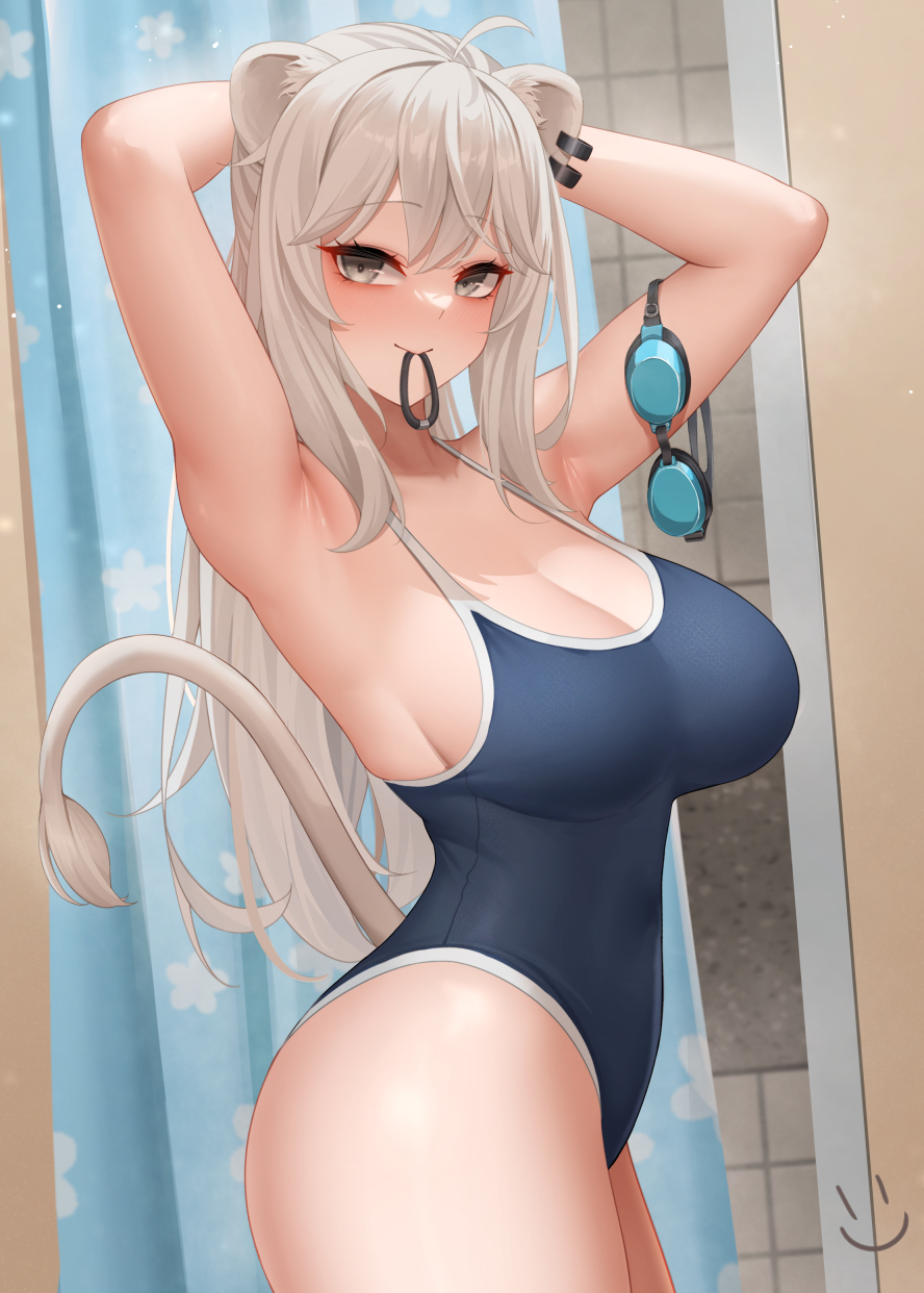 1girls 2023 2d ahoge animal_ear_piercing animal_ears armpits arms arms_up bare_shoulders big_boobs big_breasts blue_one-piece_swimsuit boobs breasts closed_mouth clothed covered_breasts covered_navel covered_nipples cowboy_shot digital_drawing_(artwork) facing_viewer female female_focus female_only from_side front_view goggles_around_arm grey_eyes hair_tie_in_mouth hands_behind_head highres hololive hololive_gen_5 hololive_japan image indoors large_breasts legs legs_together light-skinned_female light_skin lion_ears lion_girl lion_tail long_hair looking_at_viewer mouth_hold one-piece_swimsuit pale-skinned_female pale_skin shishiro_botan shoulders sole_female standing swimming_goggles swimsuit tail virtual_youtuber watermark wei_xiao white_hair