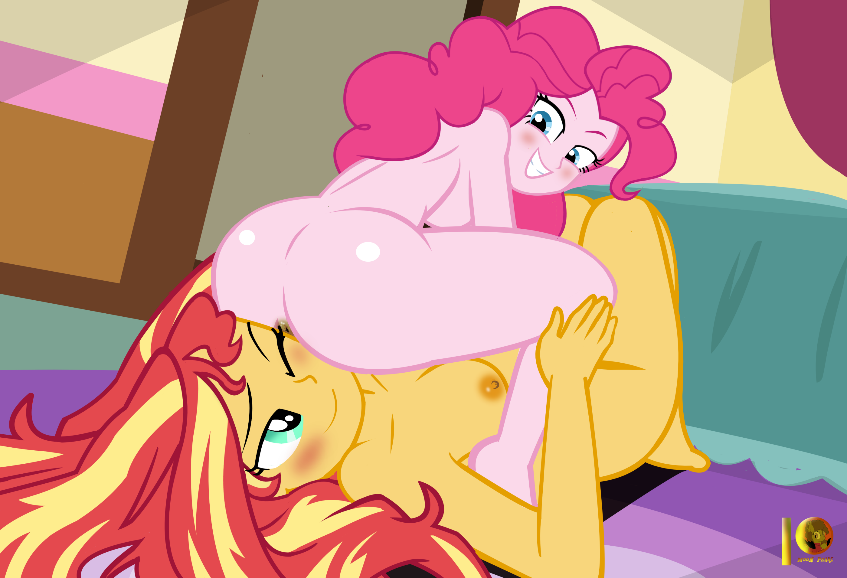 2girls, ass, ass on face, asshole, big ass, bubble ass, bubble butt, equestria girls, facesitting, female, friendship is magic, moonpearl, my little pony, naughty face, pinkie pie (eg), pinkie pie (mlp), straight hair, sunset shimmer, yuri