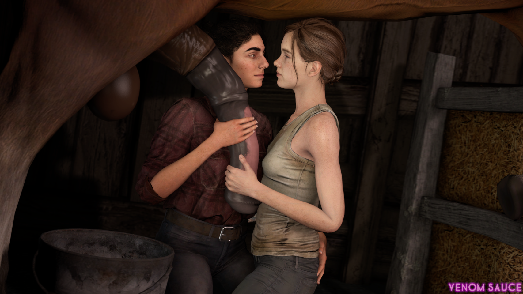 1boy, 2girls, 3d, animal genitalia, bucket, dina (the last of us), ellie (the last of us), ellie williams, erection, female, horse, horsecock, huge cock, male, penis, source filmmaker, the last of us, the last of us 2, venomous sausage, zoophilia