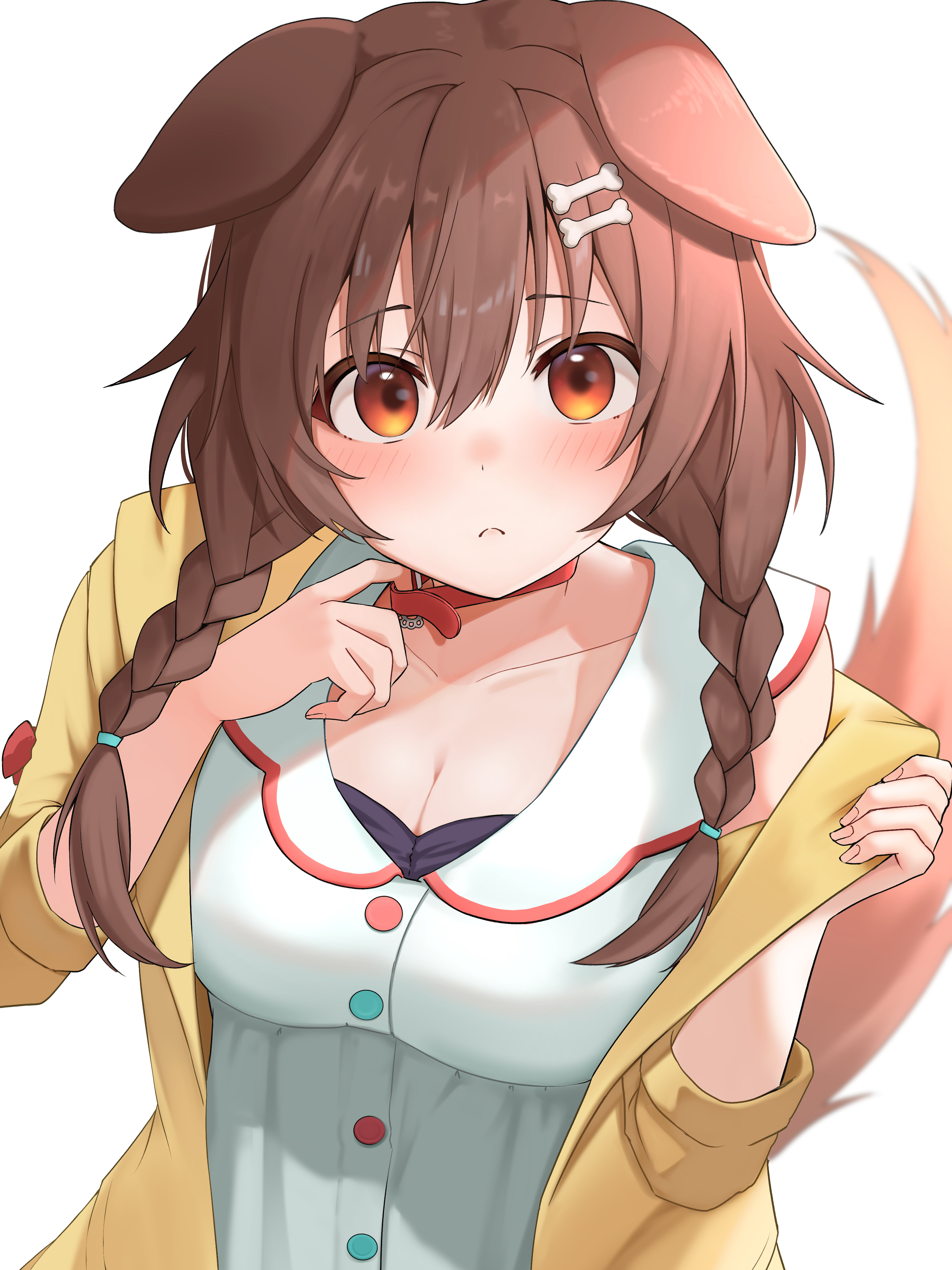 bone hair ornament, brown hair, clothed, collar, cute, dog ears, dog girl, dog tail, female, hair ornament, hololive, hololive gamers, hololive japan, innocent, inugami korone, low twin braids, micon, twin braids, virtual youtuber