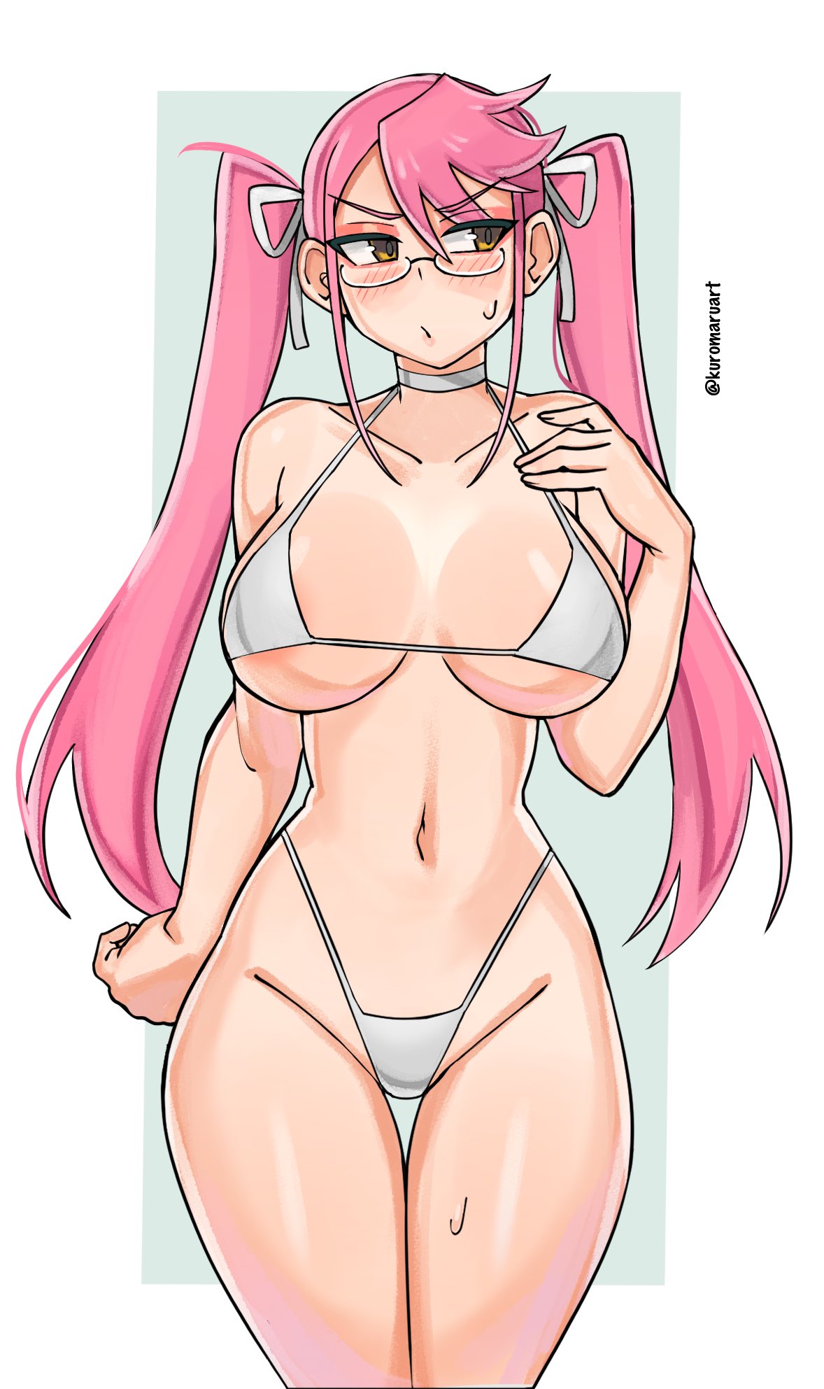 1girls, big breasts, bikini, blush, breasts, child bearing hips, cowboy shot, curvy, female, front view, g-string, glasses, highschool of the dead, human, kuromaruart, navel, nervous, pink hair, saya takagi, shy, solo, standing, tagme, teenager, thick thighs, thong, twintails, underboob, very long hair, wide hips