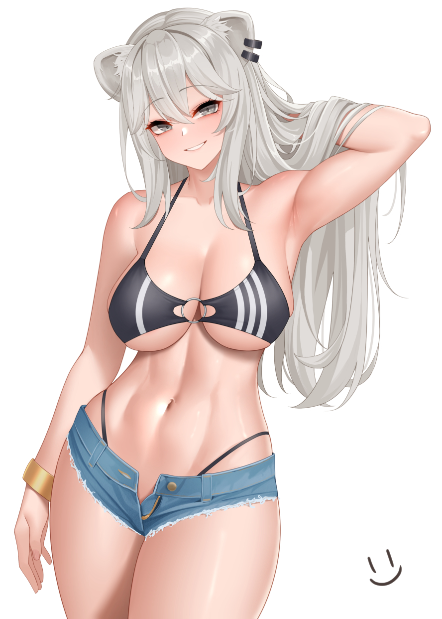 1girls 2023 animal_ear_fluff animal_ear_piercing animal_ears arm_up armpits bare_shoulders bikini bikini_under_shorts black_bikini breasts cowboy_shot cutoffs denim denim_shorts female female_only fit_female gold_bracelet grey_eyes grin highres hololive hololive_gen_5 hololive_japan large_breasts light-skinned_female light_skin lion_ears long_hair looking_at_viewer navel no_shirt open_fly pale-skinned_female pale_skin shishiro_botan short_shorts shorts simple_background smile solo stomach swimsuit thighs toned_female very_long_hair virtual_youtuber wei_xiao white_background white_hair