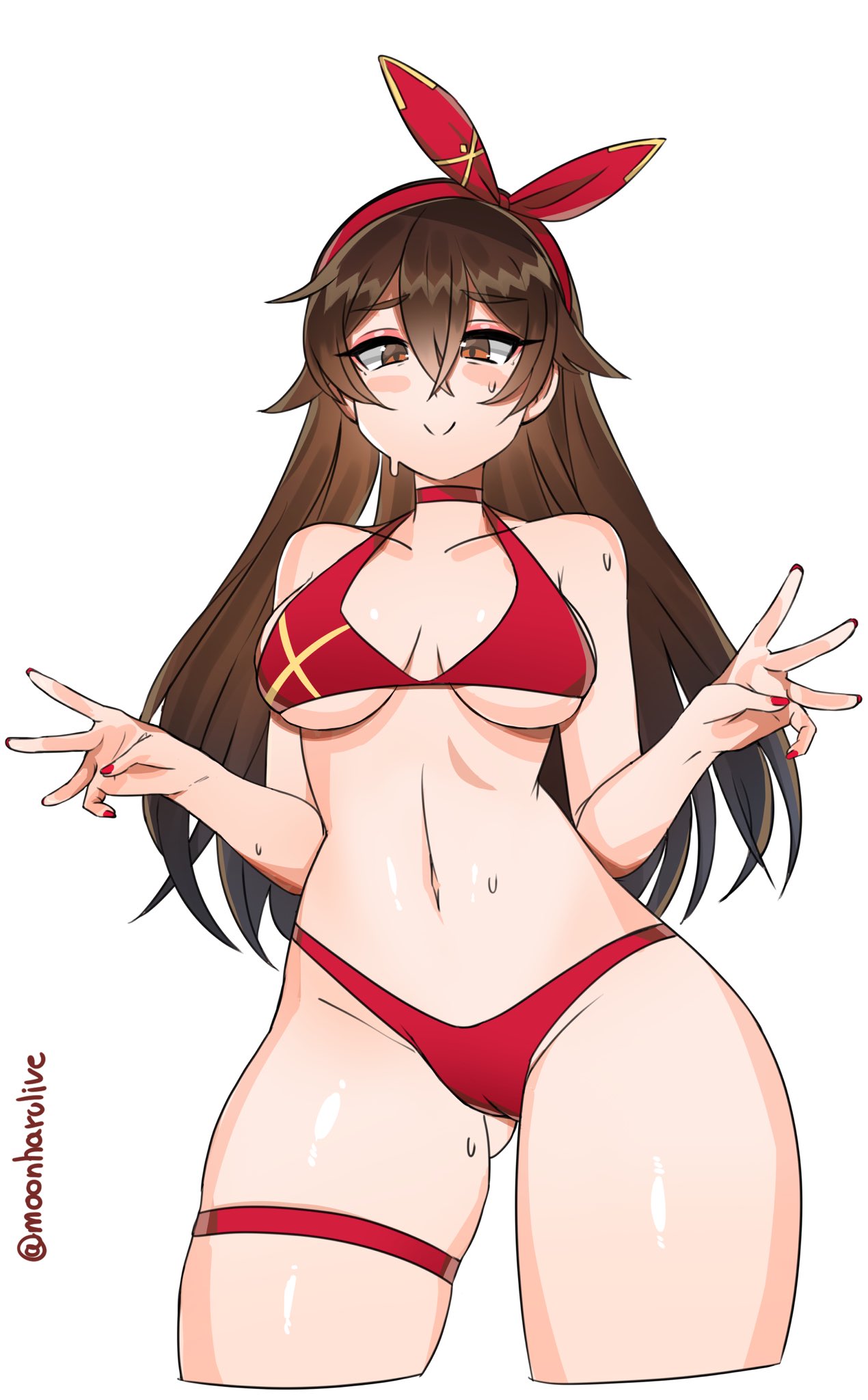 1girls, 5 fingers, amber (genshin impact), artist name, background, bikini, boobs, breasts, brown eyes, brown hair, bunny ears, clothed, cute, female, female only, fingers, genshin impact, hair, half-dressed, human, human only, kuromaruart, light skin, light-skinned female, looking at viewer, red bikini, red nails, smile, smiling, smiling at viewer, solo, sweat, sweating, tagme, thighs, white background