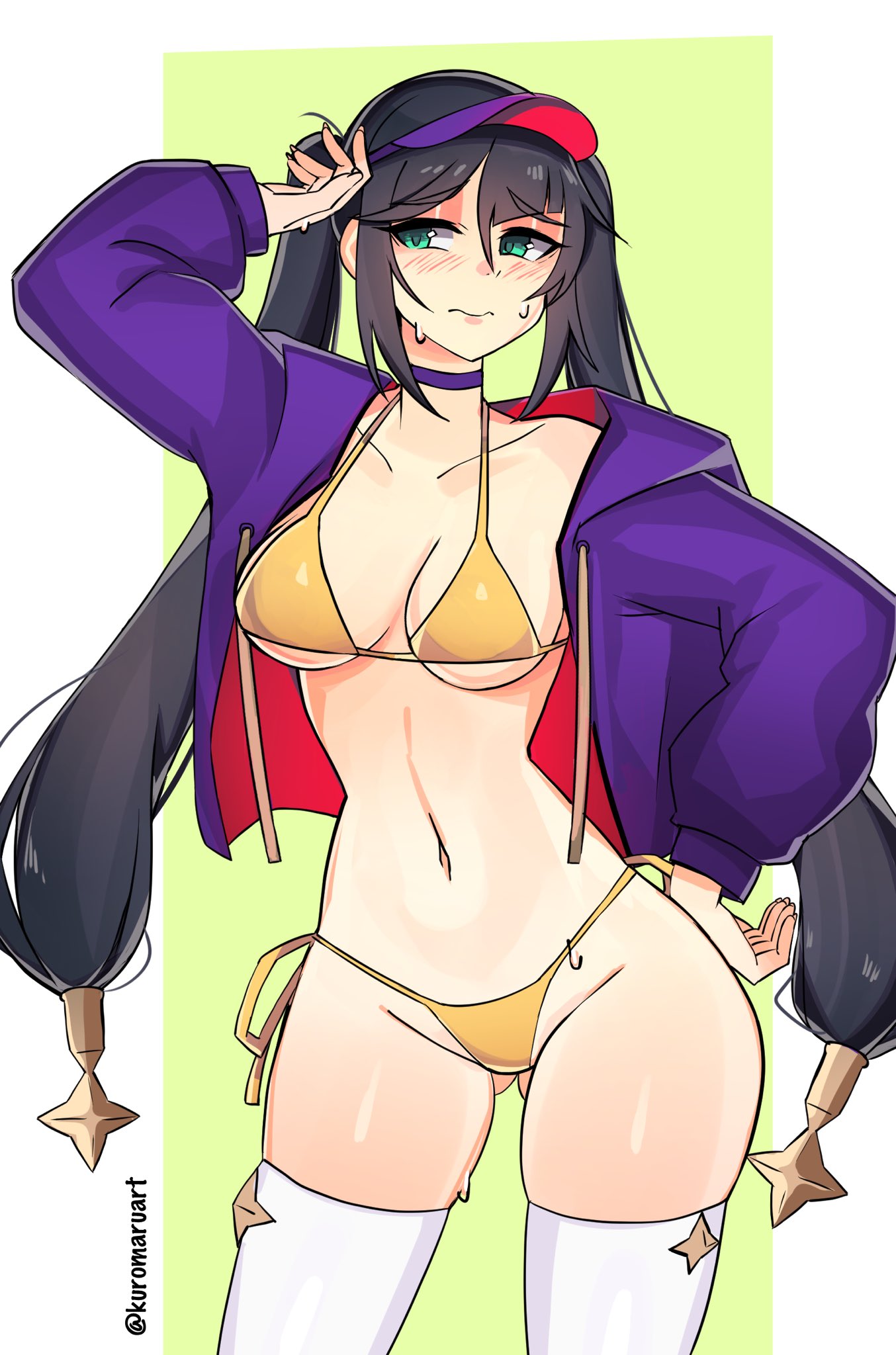 1girl, 1girls, armpits, bikini, black hair, blush, blush lines, breasts, choker, female, female only, genshin impact, green eyes, kuromaruart, light skin, light-skinned female, long hair, mona (genshin impact), navel, small breasts, solo, solo female, star, star (symbol), sweat, tagme, thighhighs, thighs, twintails, twintails (hairstyle), white thighhighs