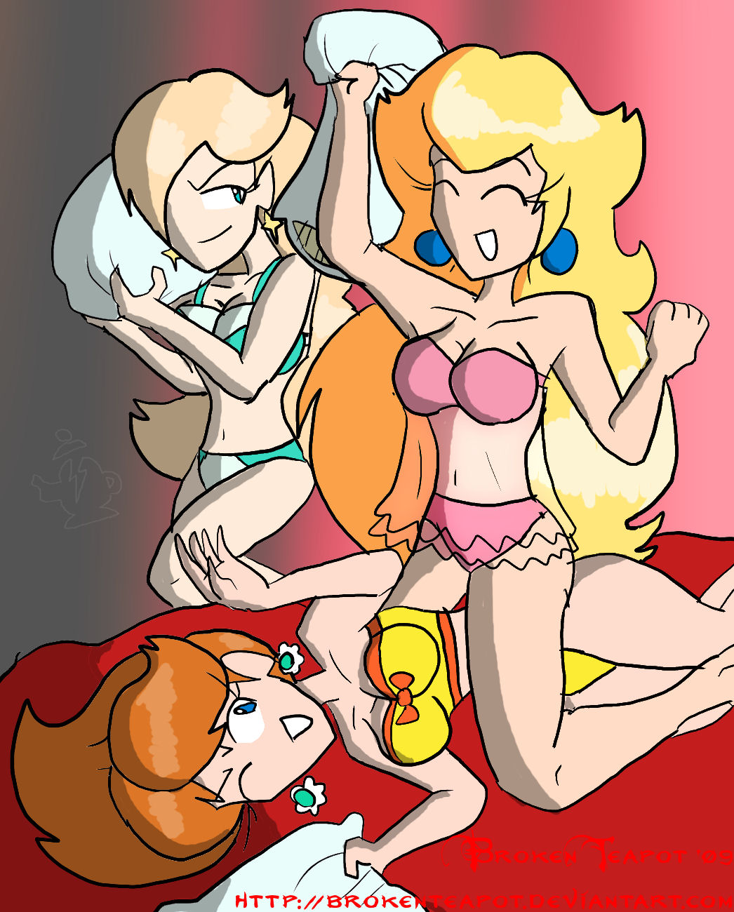 2000s 2009 2d 2d_(artwork) 3girls blue_bra blue_panties bra brokenteapot female female_only holding_pillow lingerie mario_(series) multiple_girls nintendo orange_bra orange_panties panties pillow pillow_fight pink_bra pink_panties princess_daisy princess_peach princess_rosalina tagme underwear underwear_only