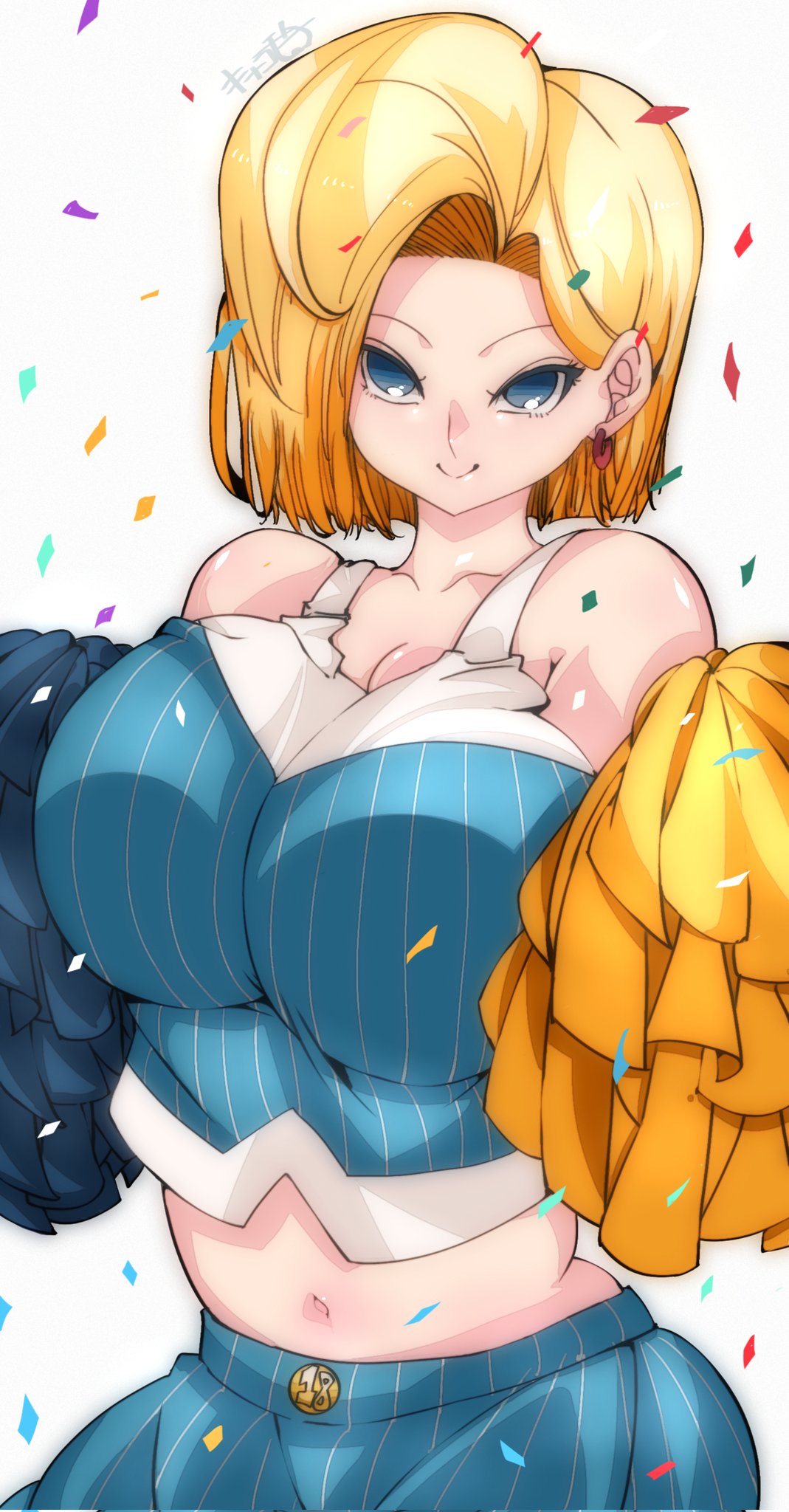 1girls android android_18 artist_signature bare_shoulders belly_button big_breasts blonde_hair cheerleader cheerleader_uniform dragon_ball dragon_ball_z female light-skinned_female light_skin looking_at_viewer omochi_db pom_pom_(cheerleading) pom_poms short_hair shounen_jump smile smiling_at_viewer voluptuous voluptuous_female