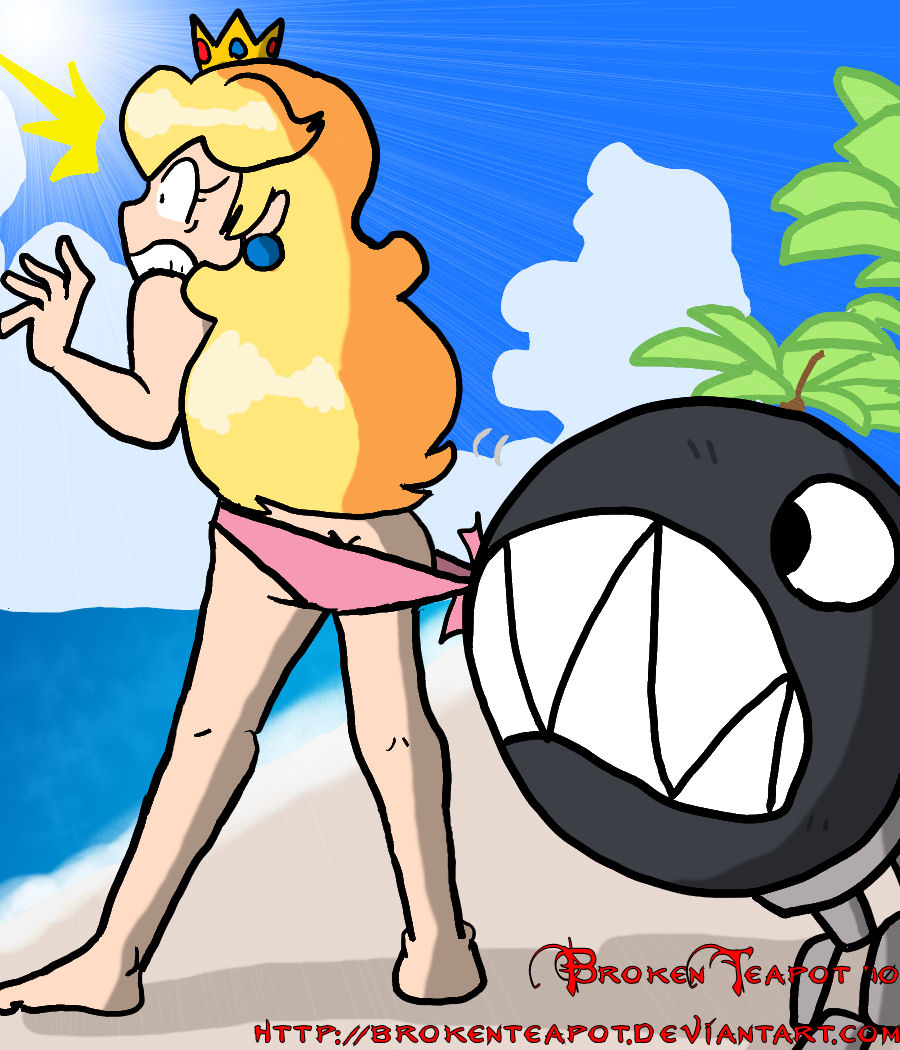 1girls 1other 2010 2010s ass assisted_exposure barefoot beach bikini bikini_pull blonde_hair brokenteapot chain_chomp female female_focus long_hair mario_(series) nintendo ocean outdoors palm_tree pink_bikini princess_peach sky standing swimsuit tree