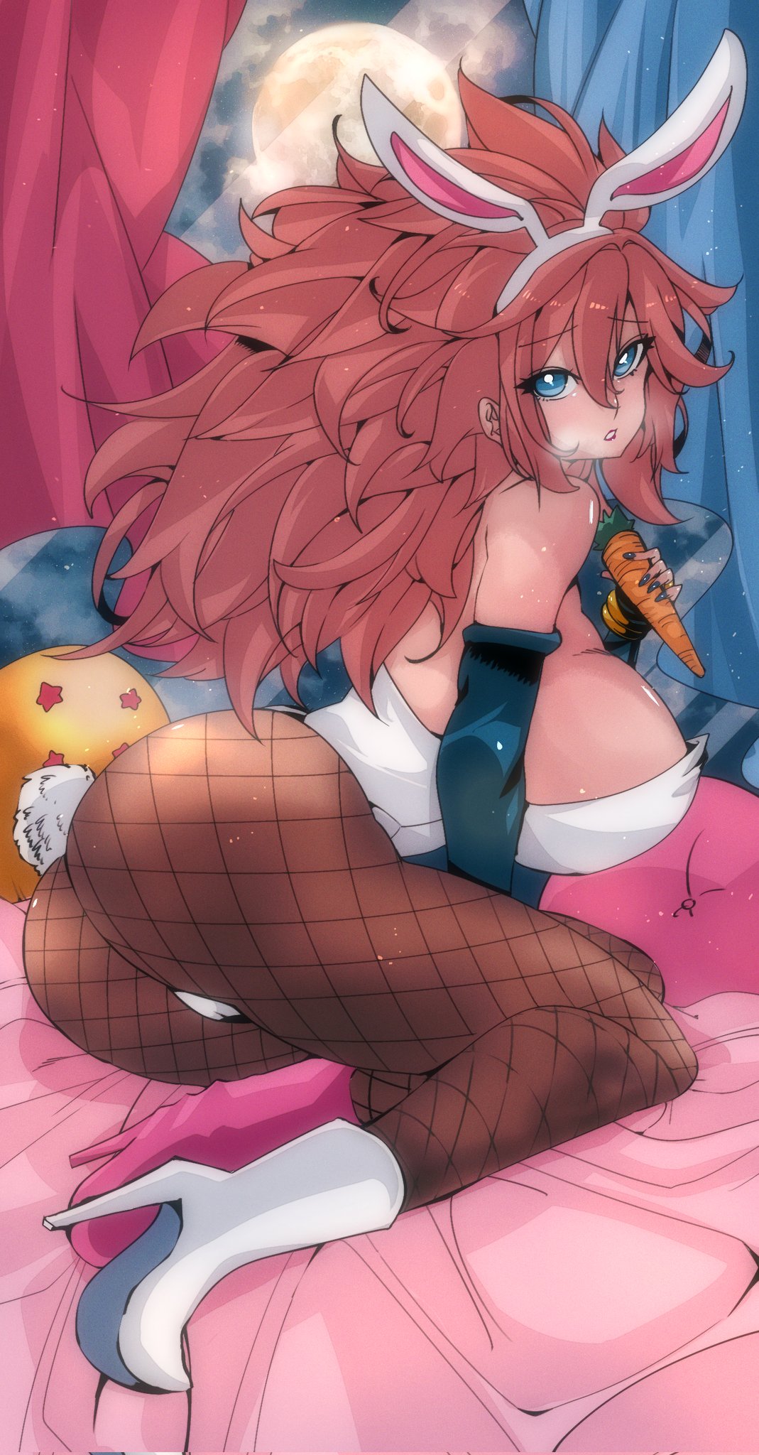 1girls android android_21 android_21_(human) arc_system_works bandai_namco big_ass big_breasts blue_eyes blue_nail_polish blue_nails bracelets brown_hair bunny_ears bunny_girl bunny_tail bunnysuit carrot dragon_ball dragon_ball_(object) dragon_ball_fighterz elbow_gloves female fishnets gold_jewelry heels laying_on_bed lipstick long_hair looking_at_viewer messy_hair omochi_db red_lipstick seductive seductive_pose steamy_breath thighs voluptuous voluptuous_female vomi_(dragon_ball)